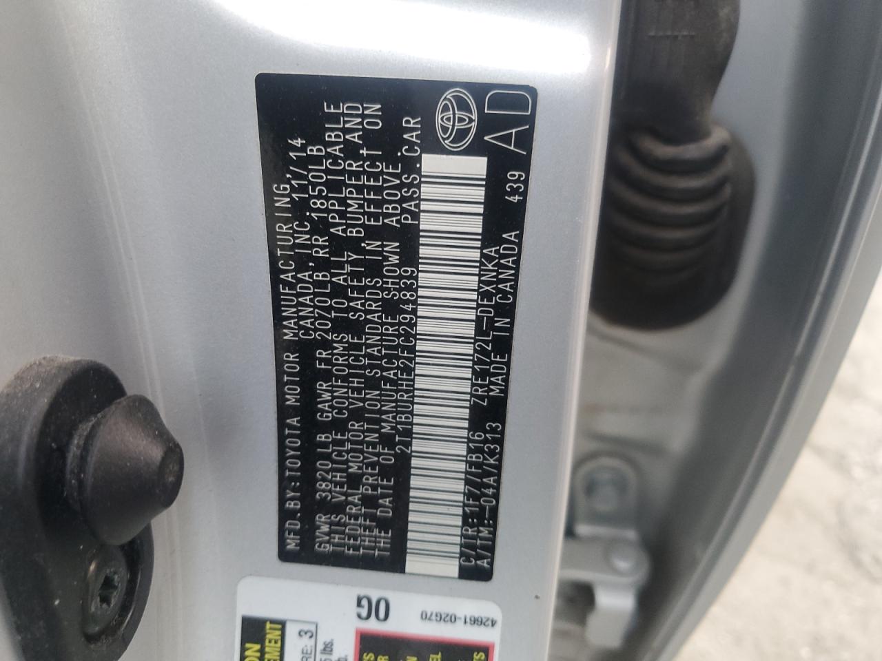 2015 Toyota Corolla L Silver vin: 2T1BURHE2FC294839