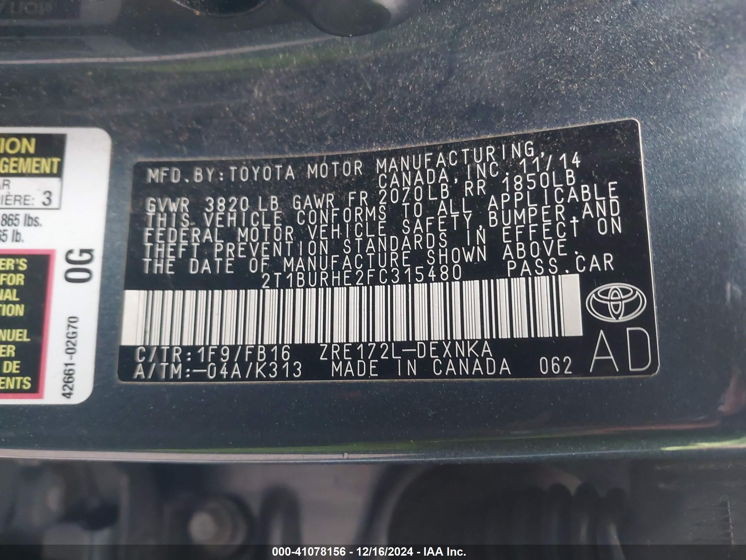 2015 Toyota Corolla Le Gray vin: 2T1BURHE2FC315480