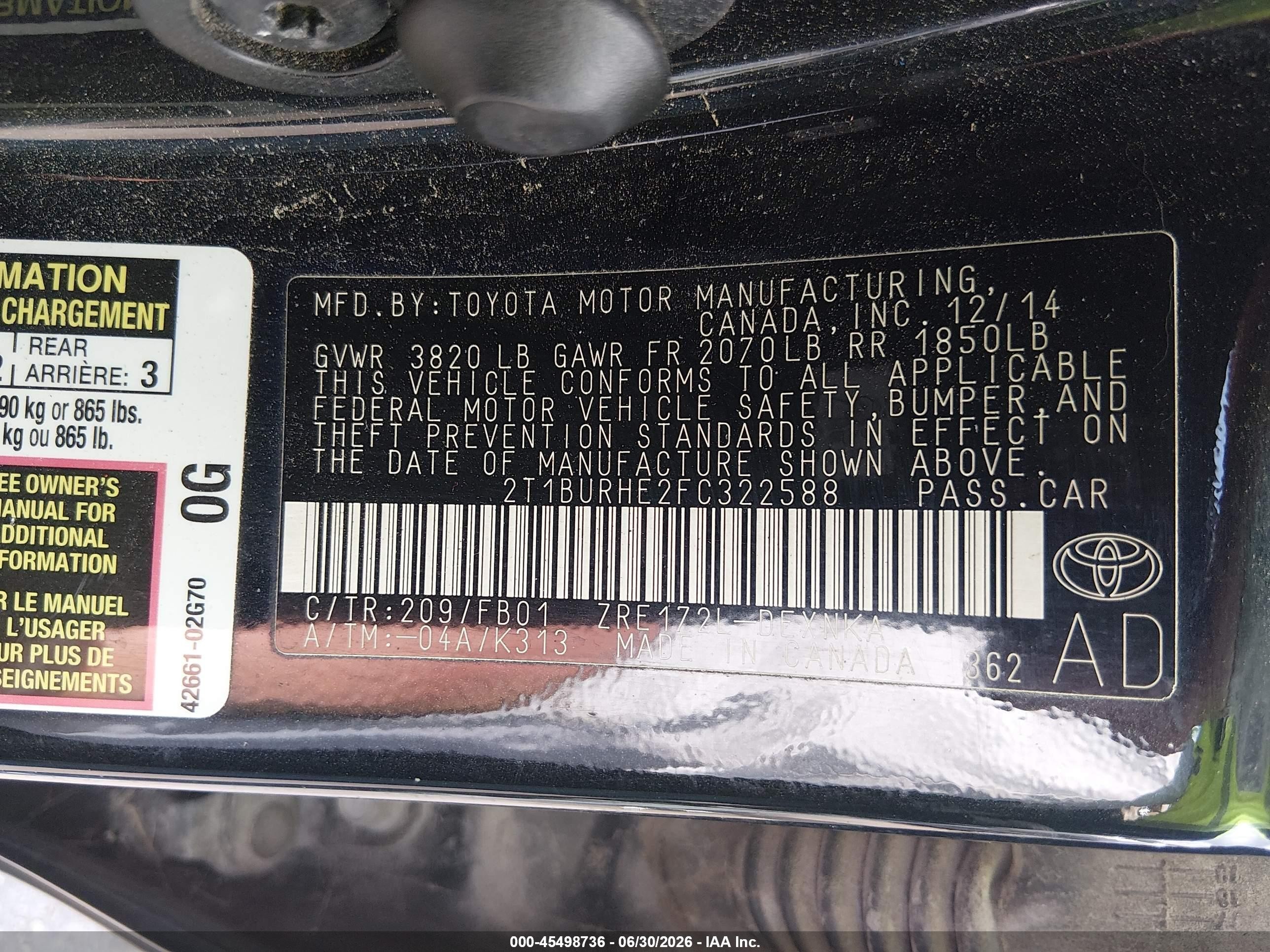 2015 Toyota Corolla Le Plus Black vin: 2T1BURHE2FC322588