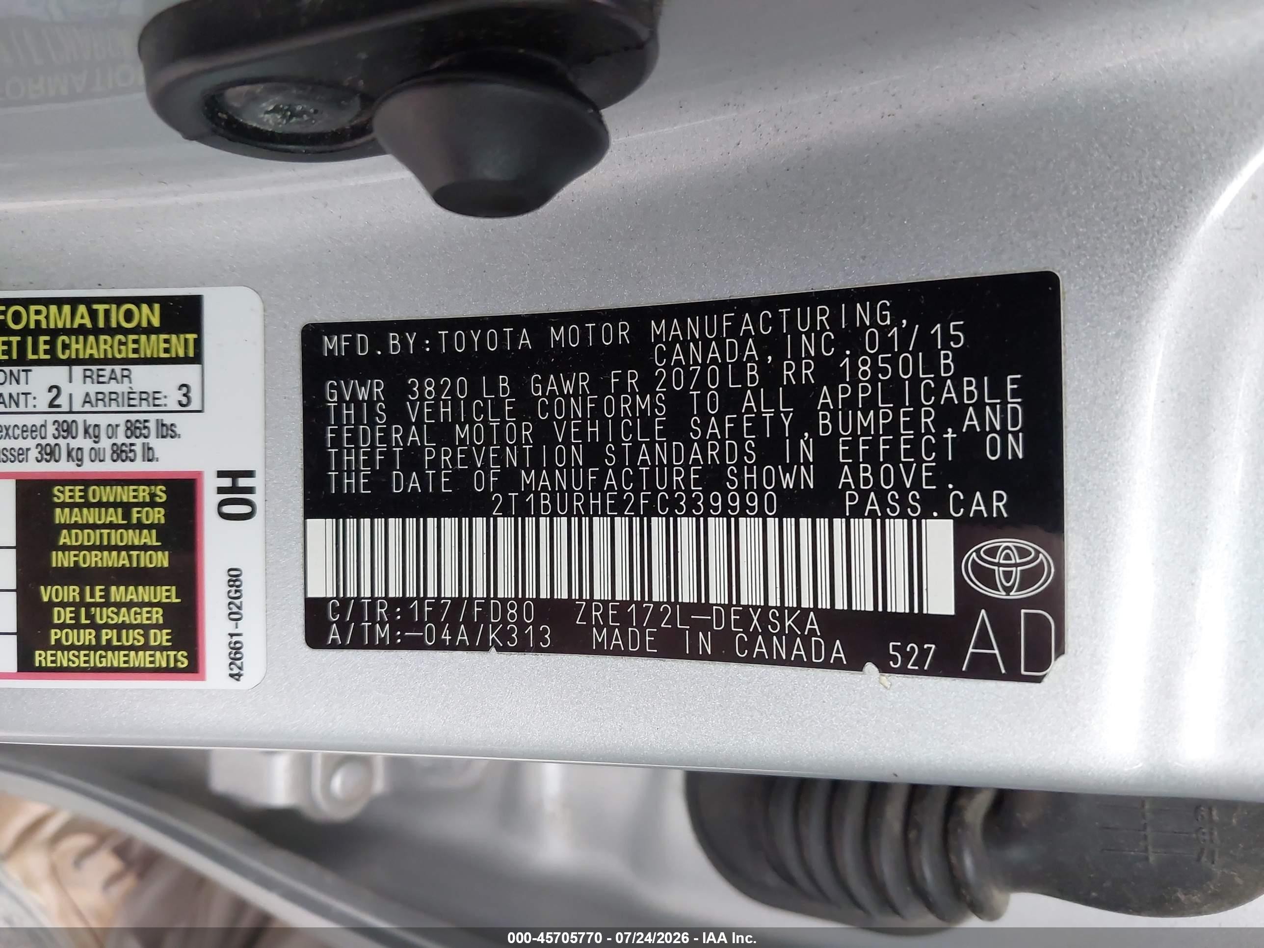 2015 Toyota Corolla S Plus Silver vin: 2T1BURHE2FC339990