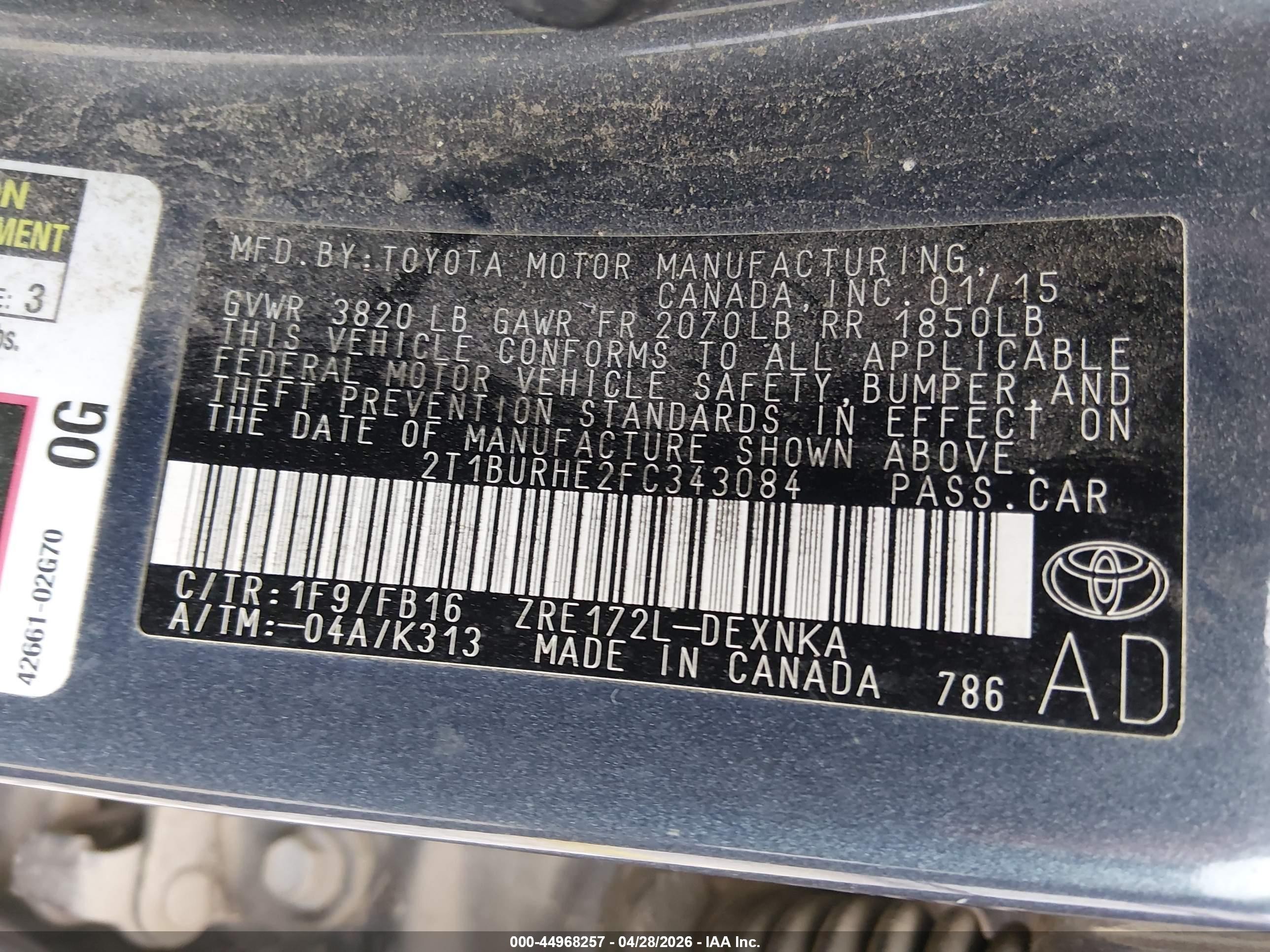 2015 Toyota Corolla Le Серый vin: 2T1BURHE2FC343084
