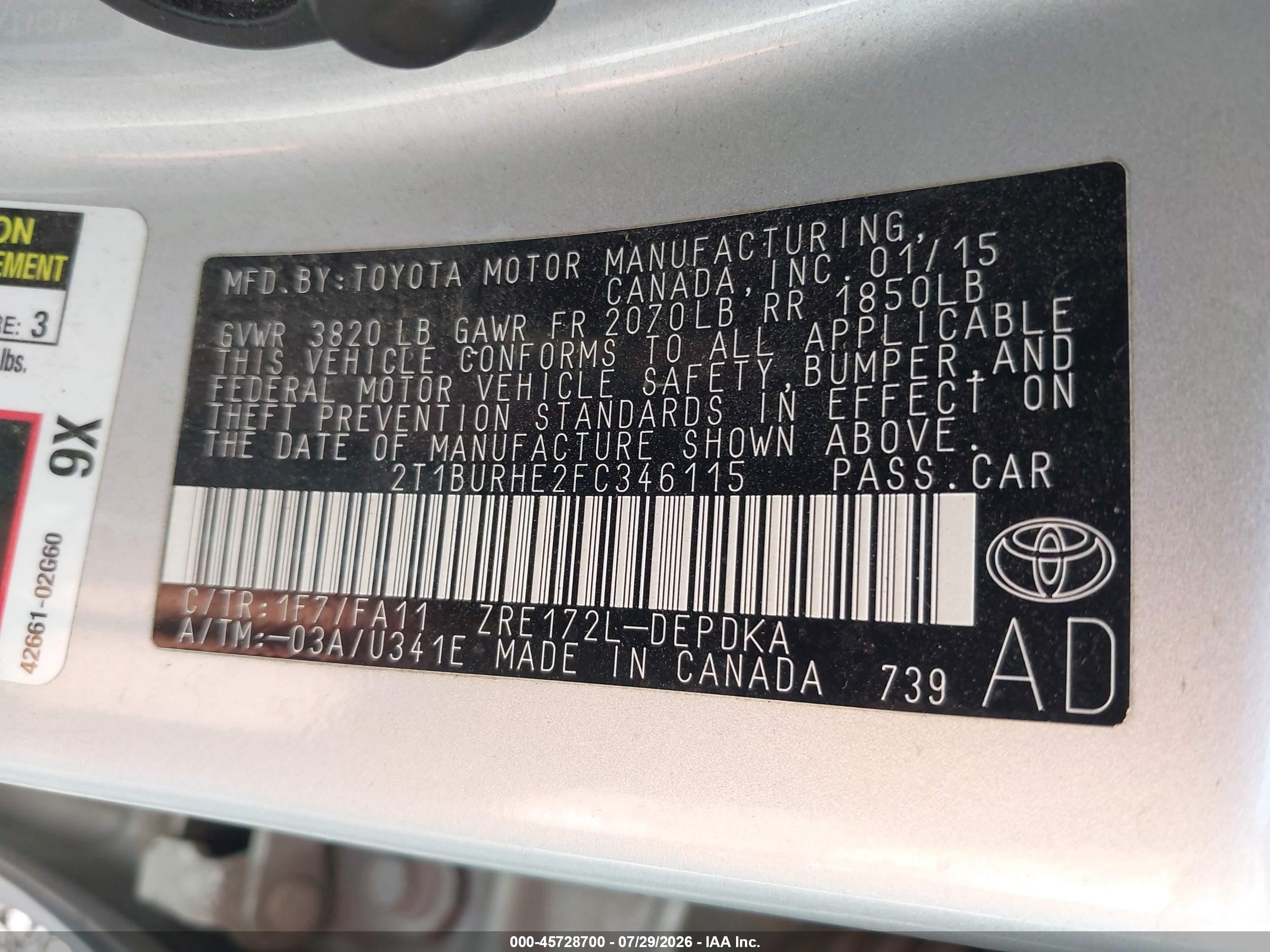 2015 Toyota Corolla L Silver vin: 2T1BURHE2FC346115