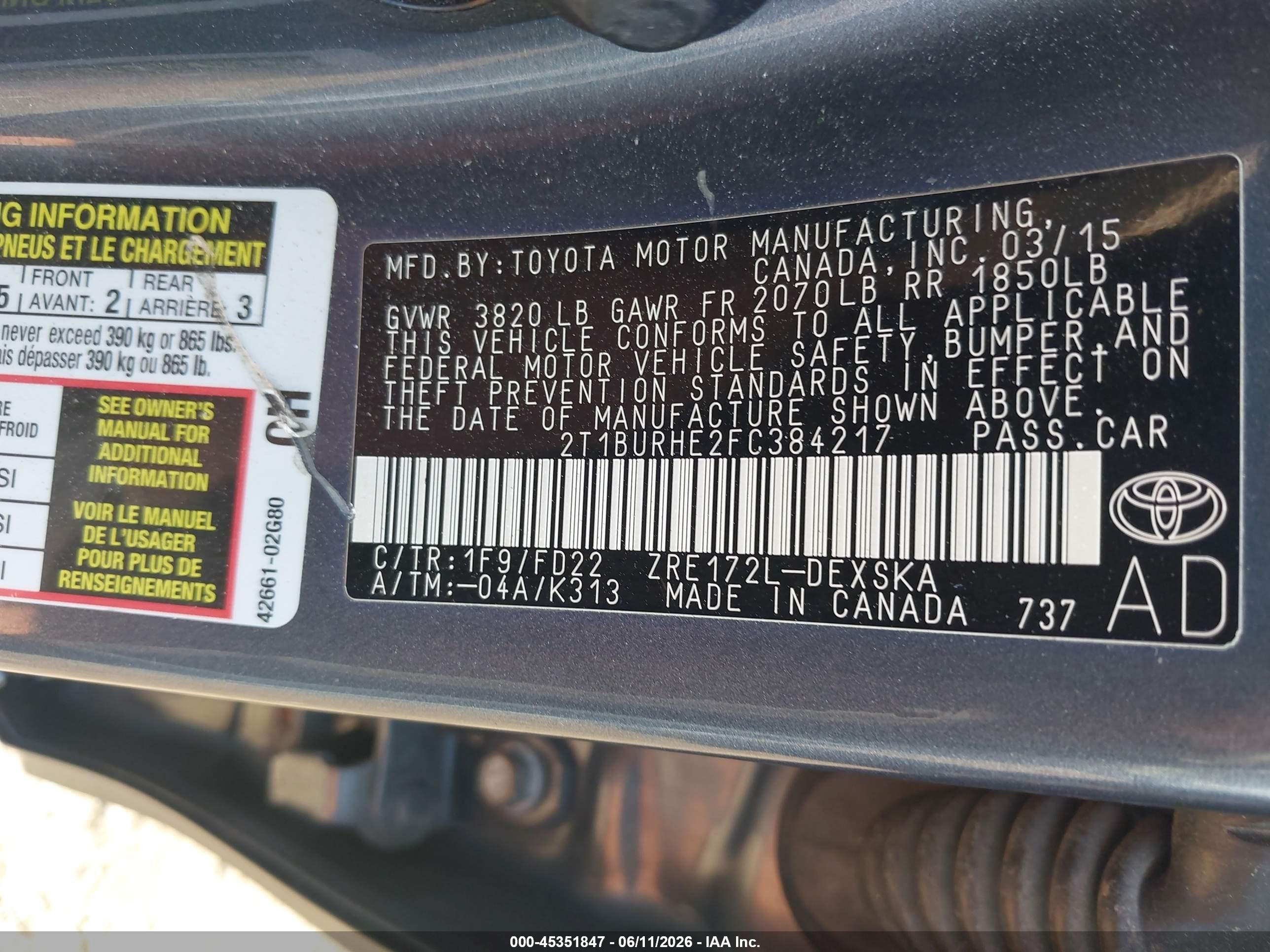 2015 Toyota Corolla S Plus Blue vin: 2T1BURHE2FC384217