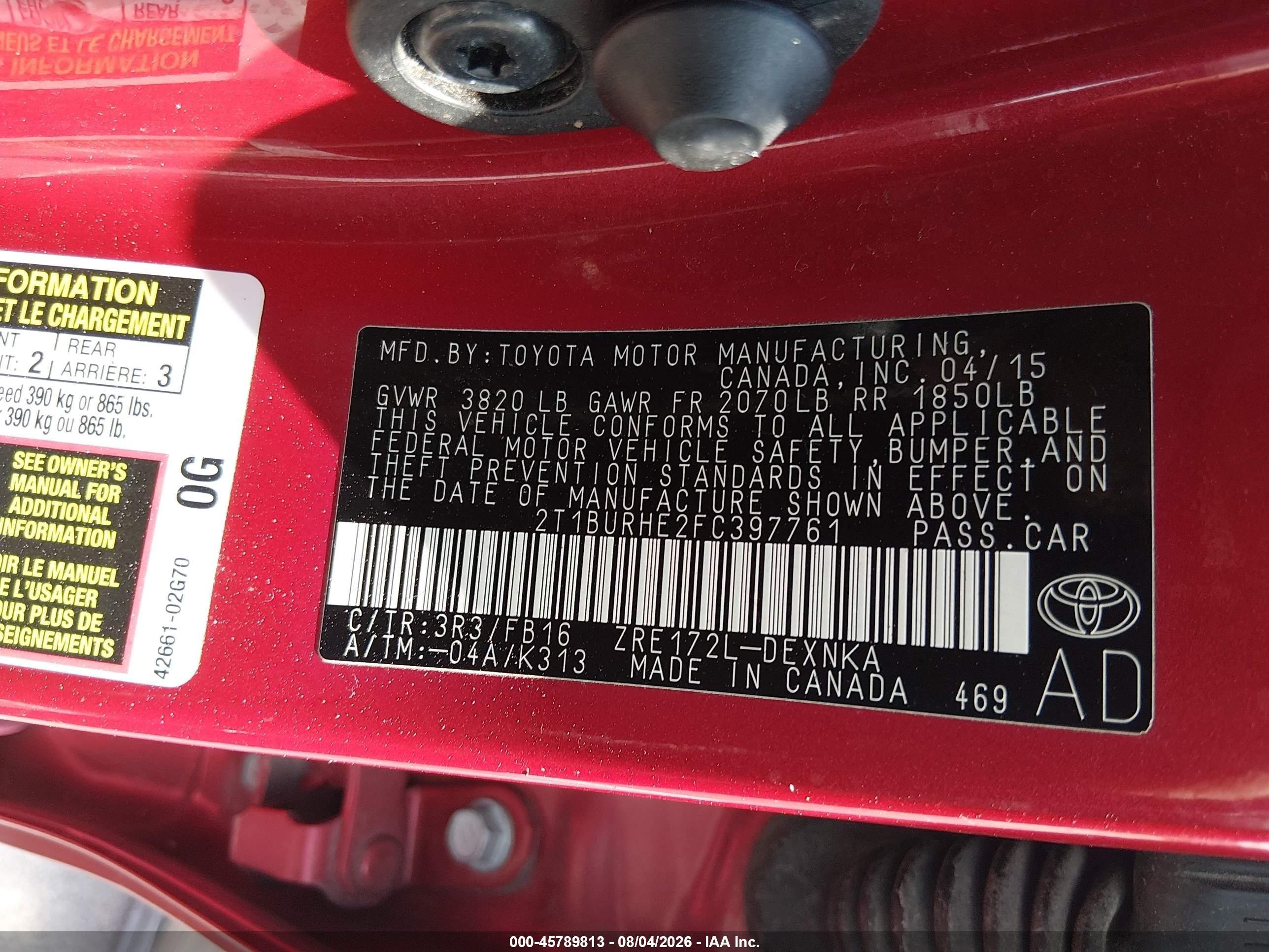 2015 Toyota Corolla Le Red vin: 2T1BURHE2FC397761