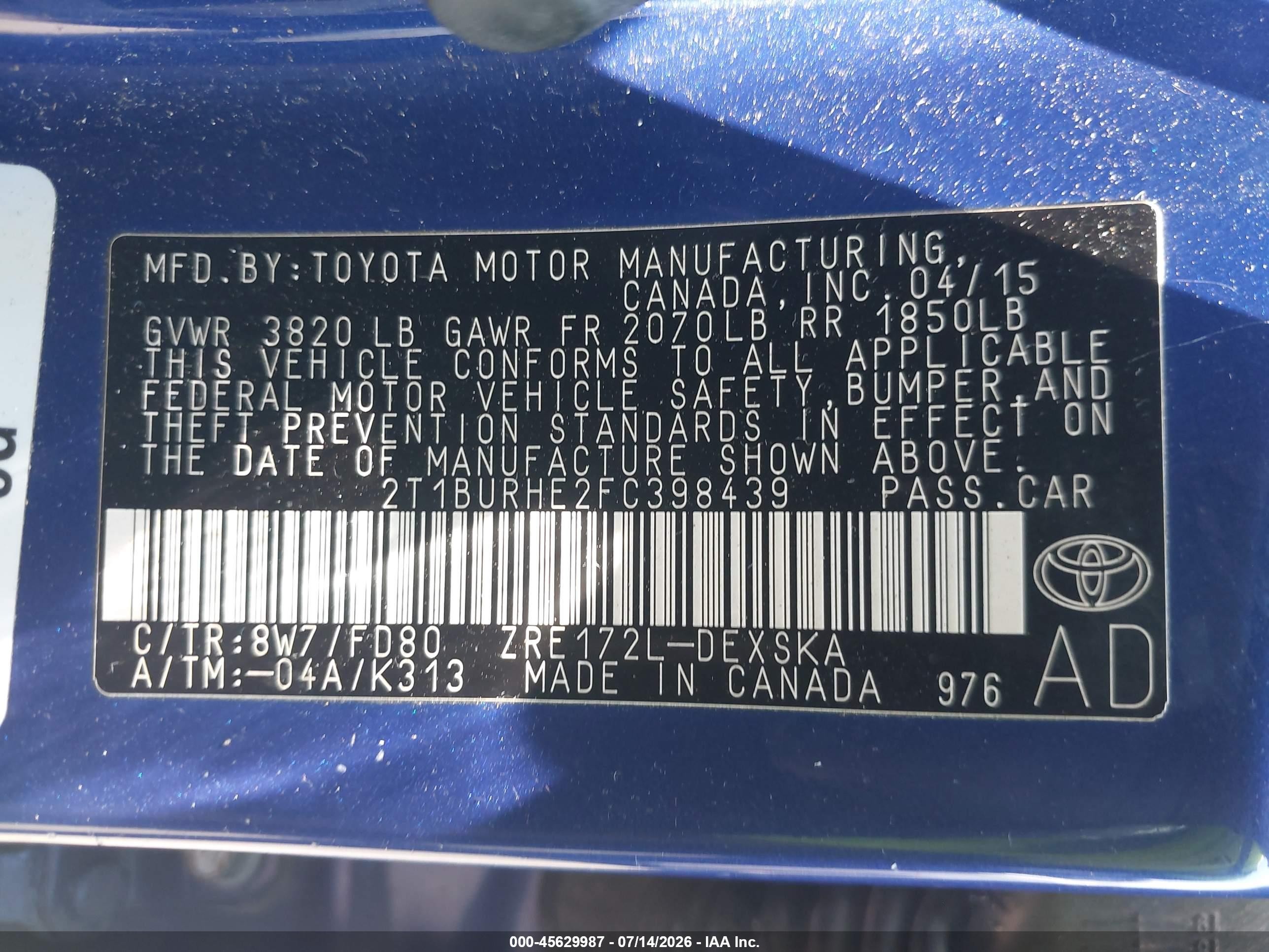 2015 Toyota Corolla S Blue vin: 2T1BURHE2FC398439