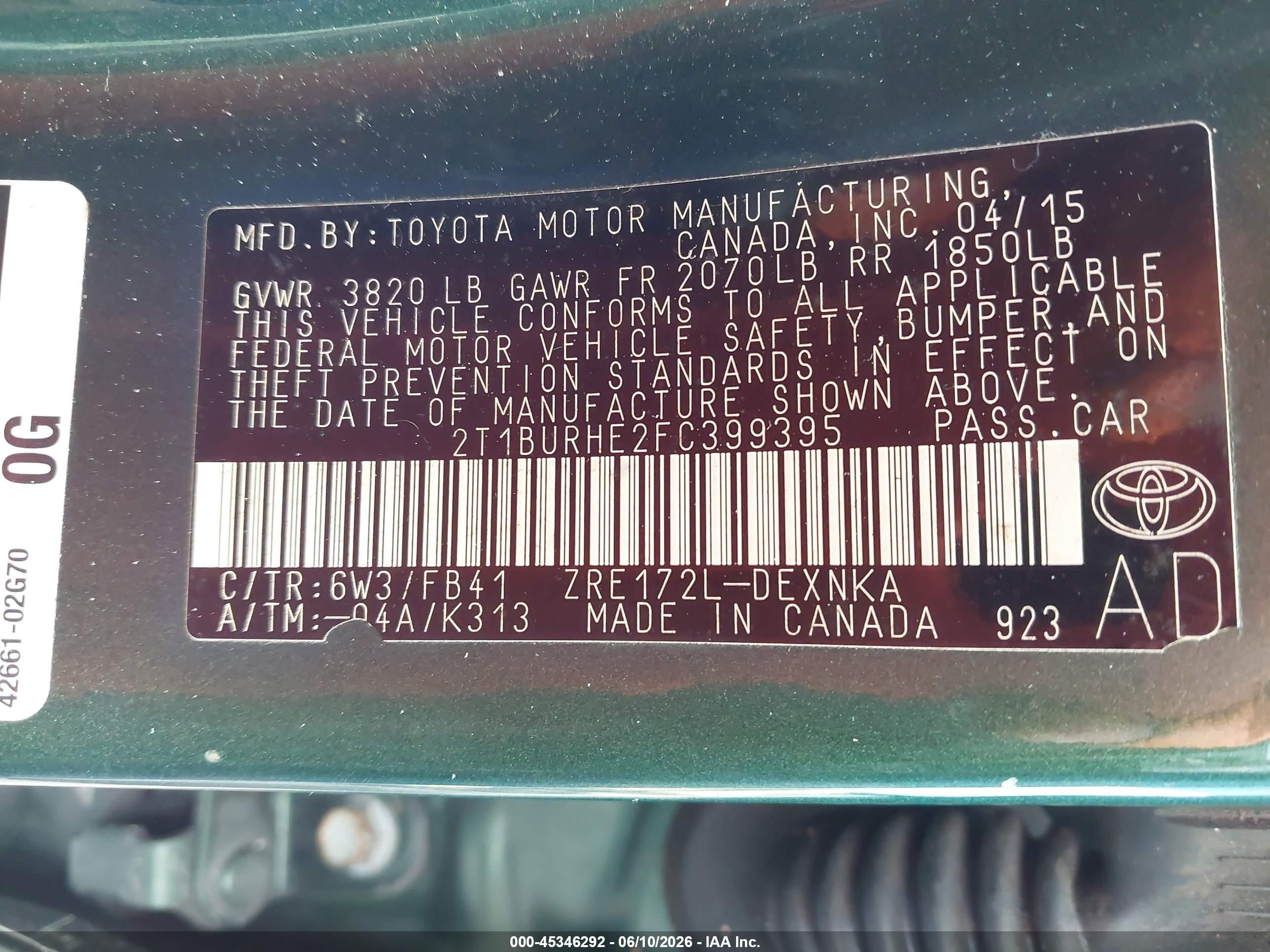 2015 Toyota Corolla Le Green vin: 2T1BURHE2FC399395