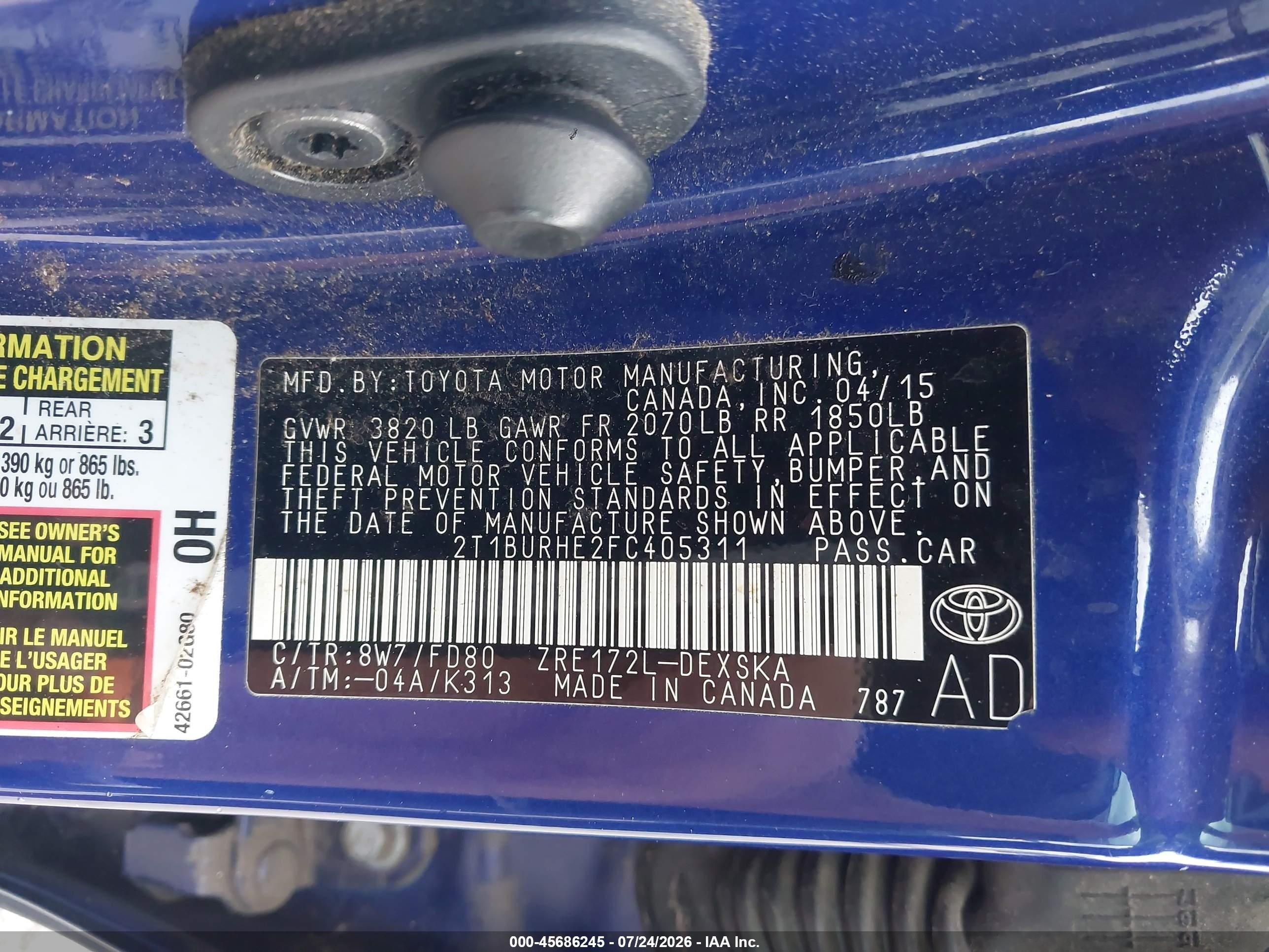 2015 Toyota Corolla S Plus Dark Blue vin: 2T1BURHE2FC405311