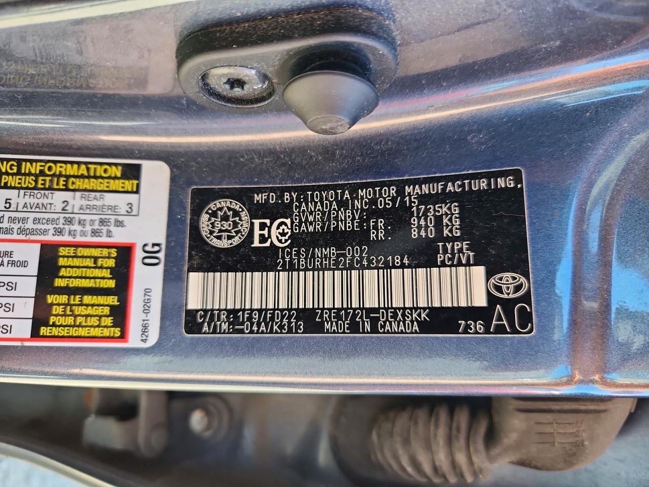 2015 Toyota Corolla L Charcoal vin: 2T1BURHE2FC432184