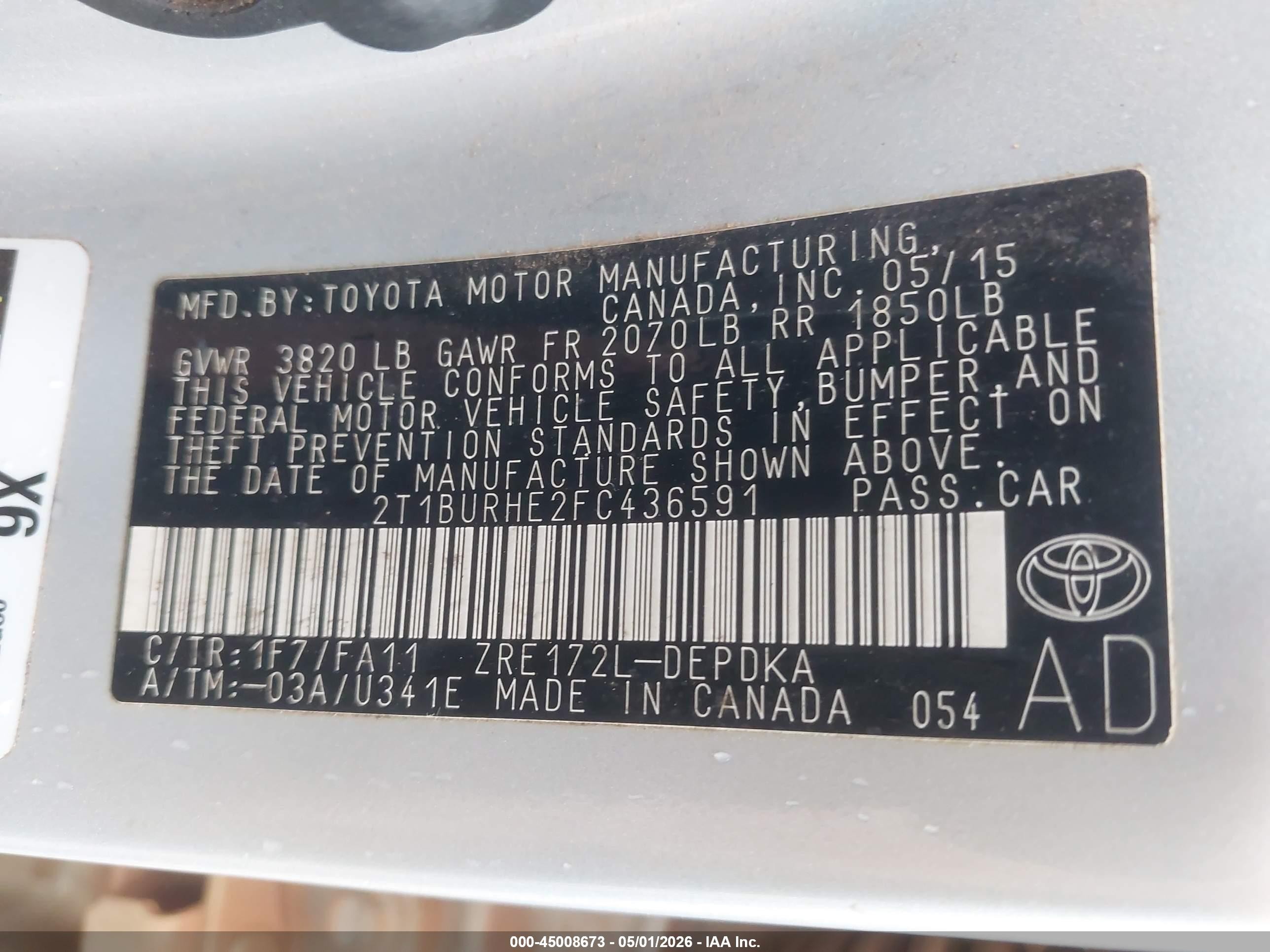 2015 Toyota Corolla L Silver vin: 2T1BURHE2FC436591