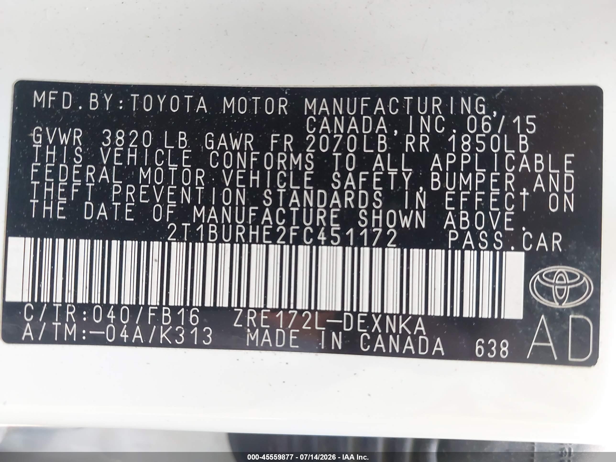 2015 Toyota Corolla Le Белый vin: 2T1BURHE2FC451172