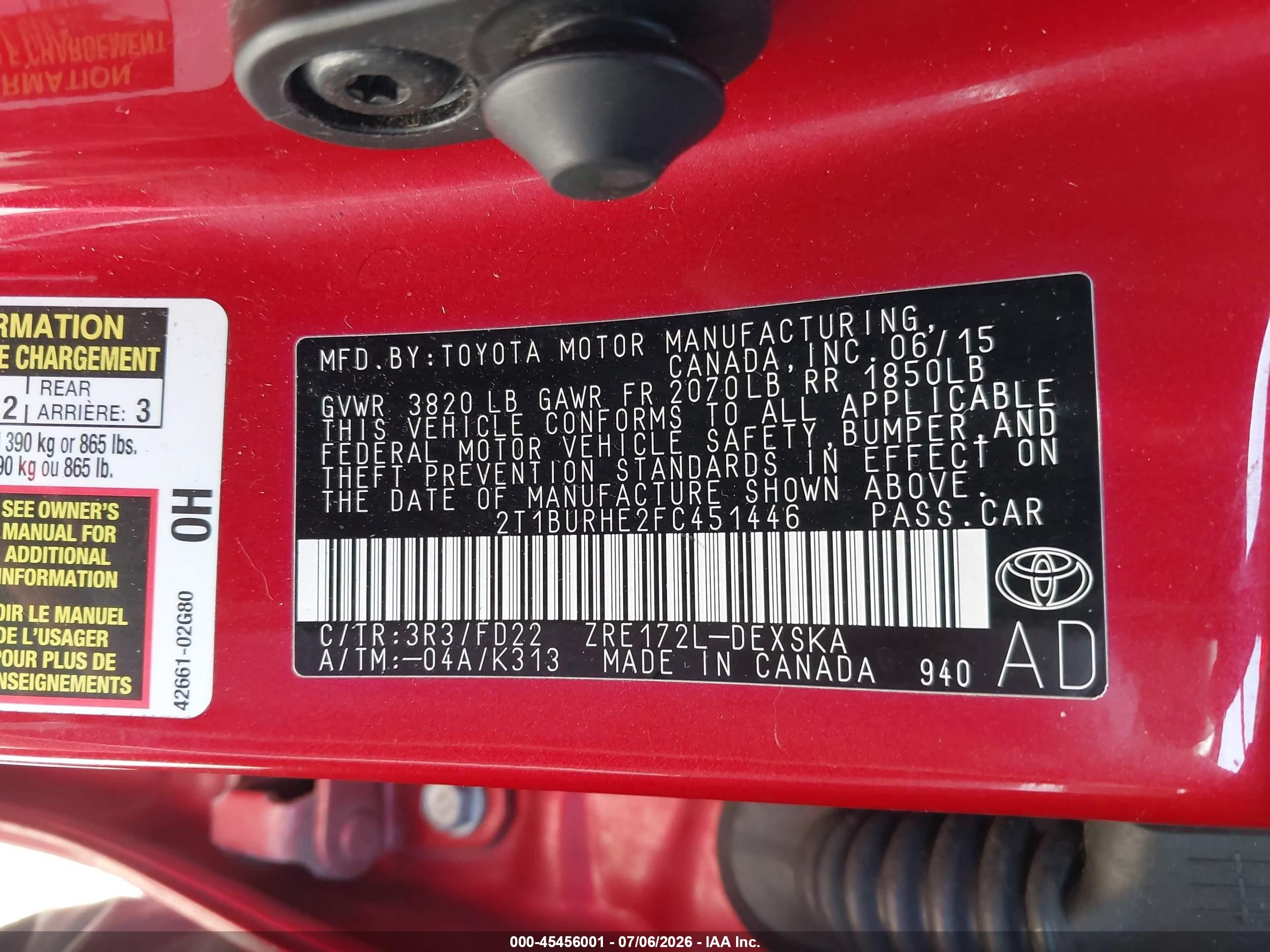 2015 Toyota Corolla S Plus Red vin: 2T1BURHE2FC451446