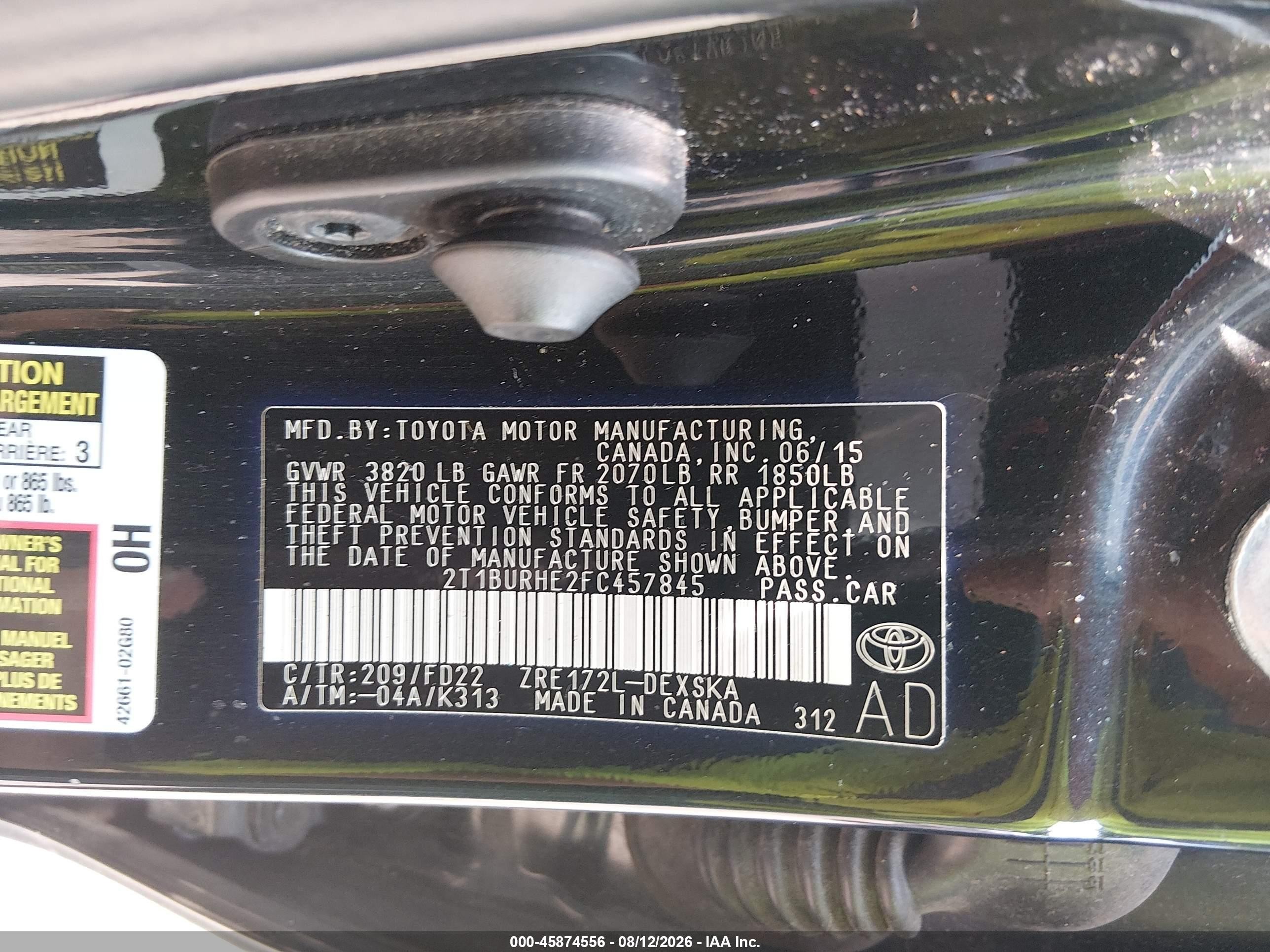 2015 Toyota Corolla S Plus Black vin: 2T1BURHE2FC457845