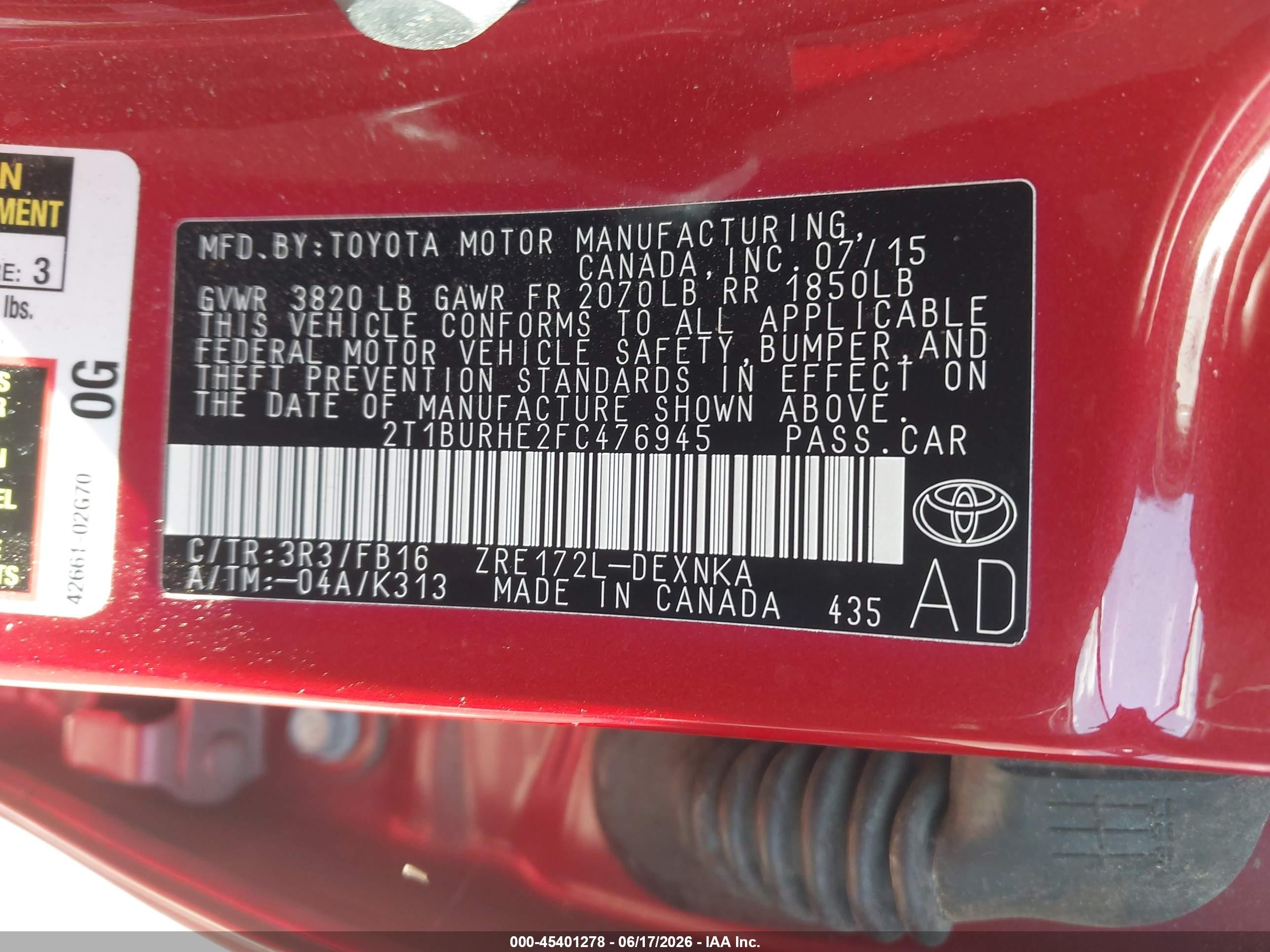 2015 Toyota Corolla Le Red vin: 2T1BURHE2FC476945