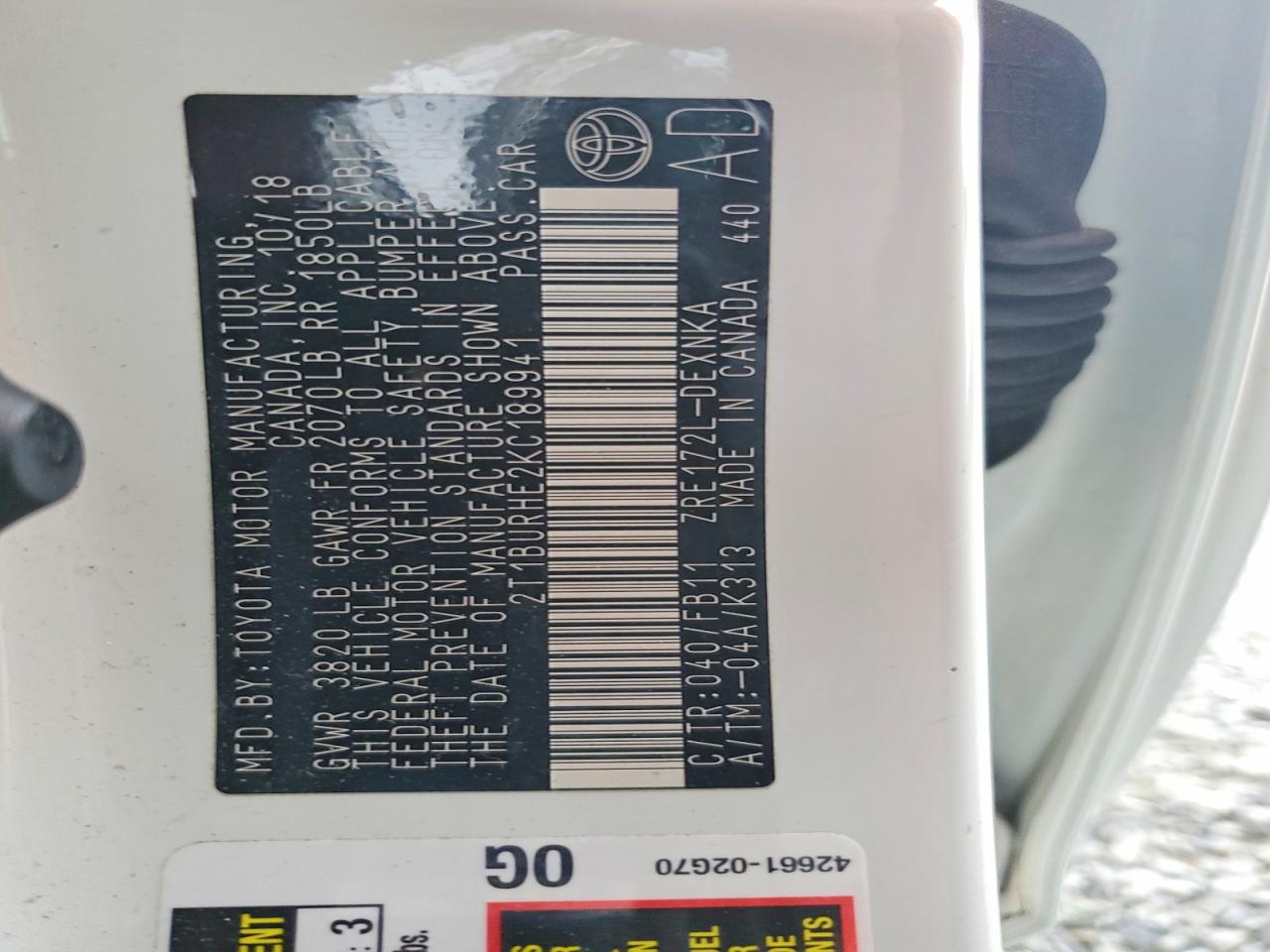 2019 Toyota Corolla Le White vin: 2T1BURHE2KC189941