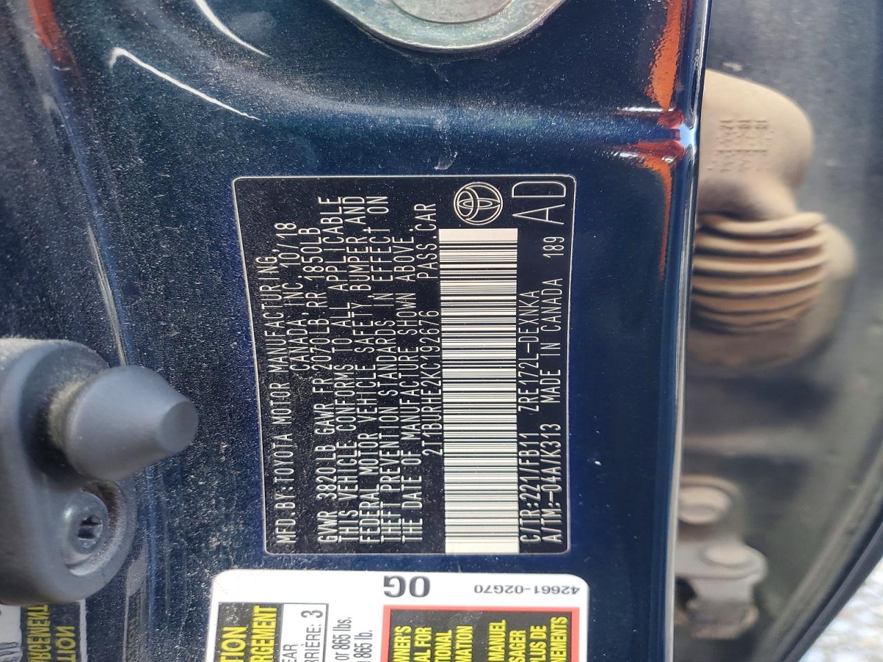 2019 Toyota Corolla Le Blue vin: 2T1BURHE2KC192676