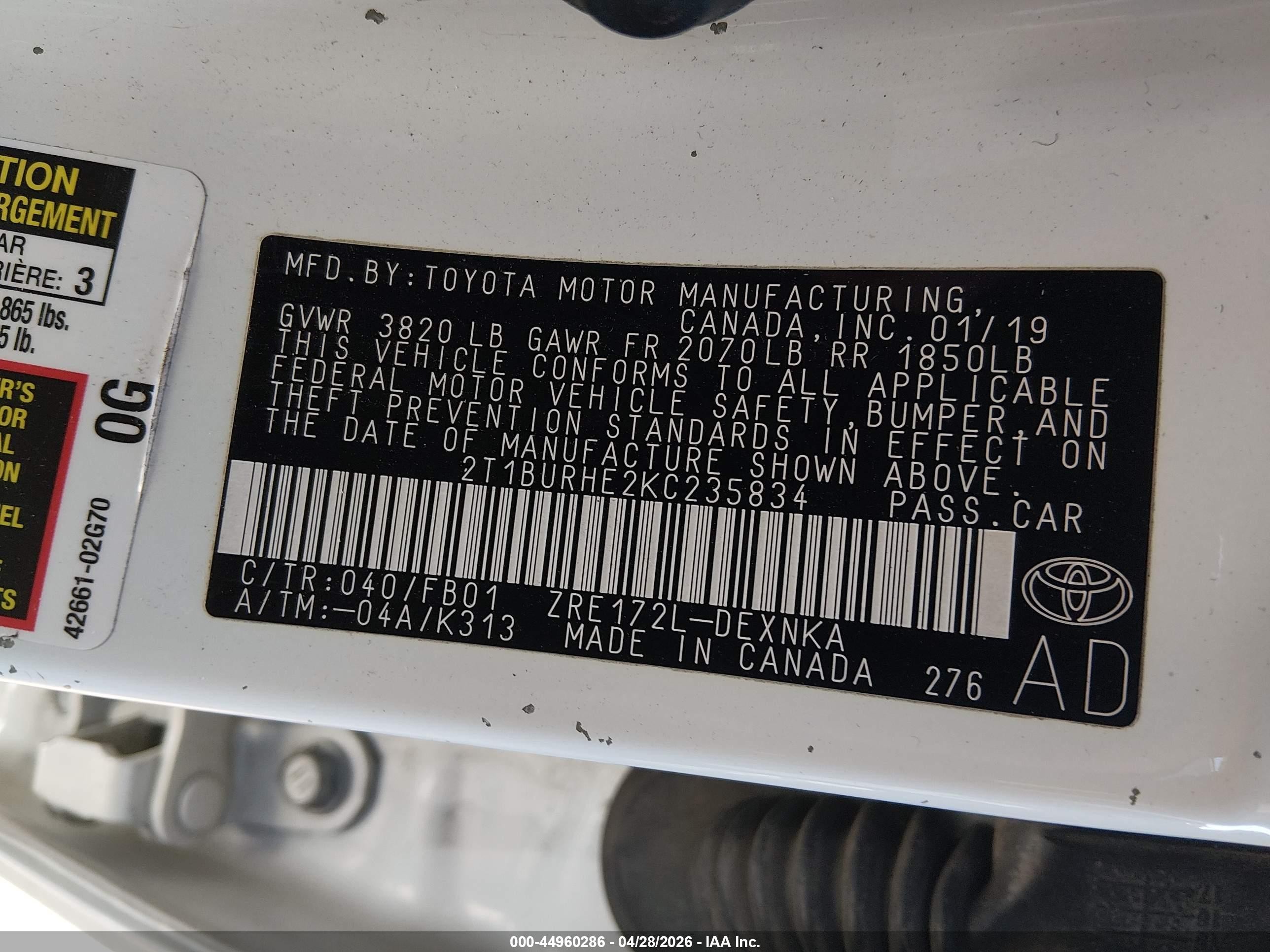 2019 Toyota Corolla Le Белый vin: 2T1BURHE2KC235834