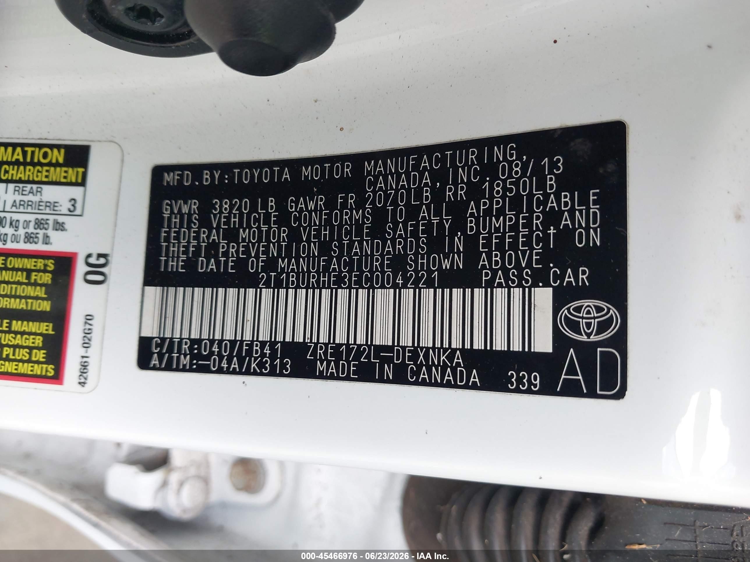 2014 Toyota Corolla Le White vin: 2T1BURHE3EC004221