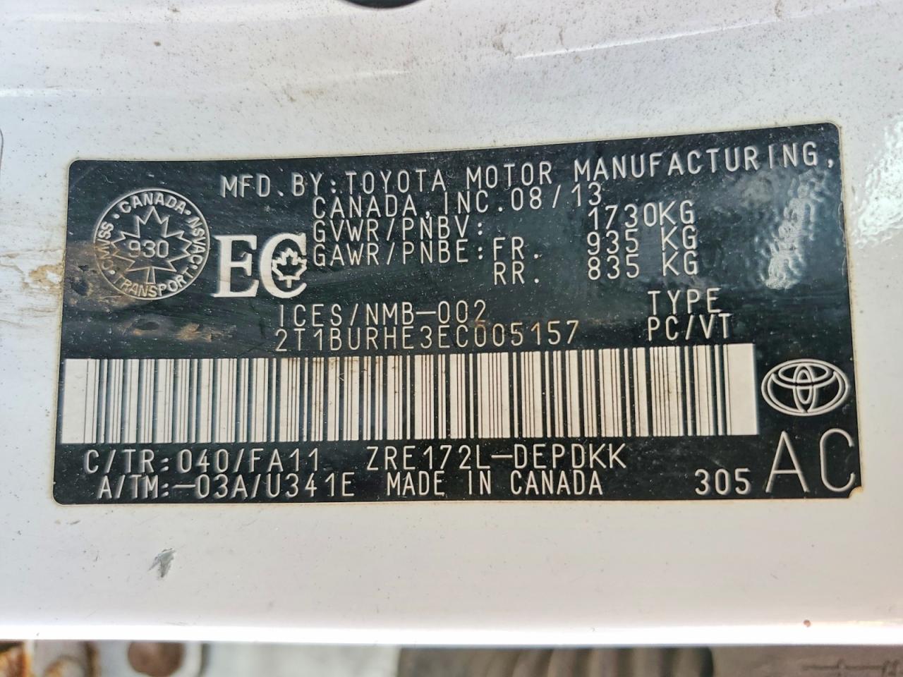 2014 Toyota Corolla L White vin: 2T1BURHE3EC005157