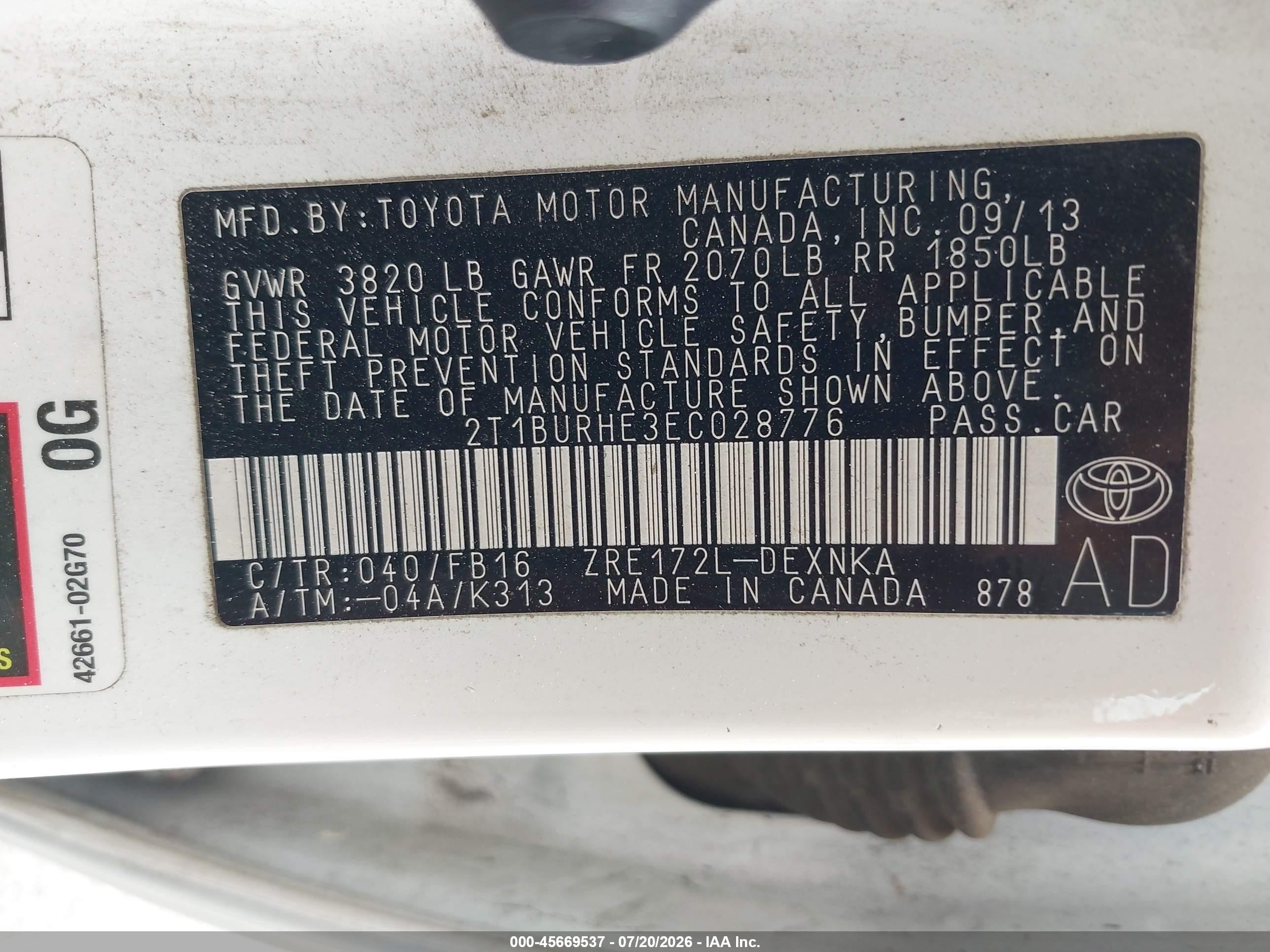 2014 Toyota Corolla Le White vin: 2T1BURHE3EC028776