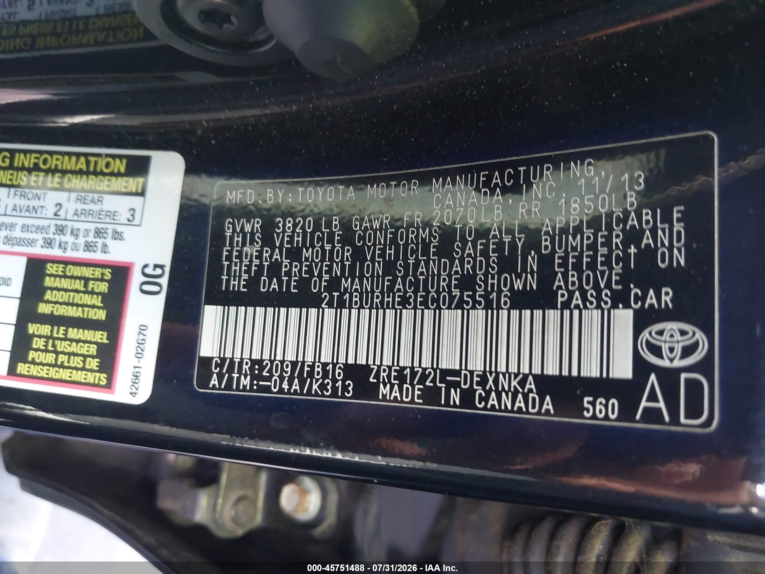 2014 Toyota Corolla Le Black vin: 2T1BURHE3EC075516