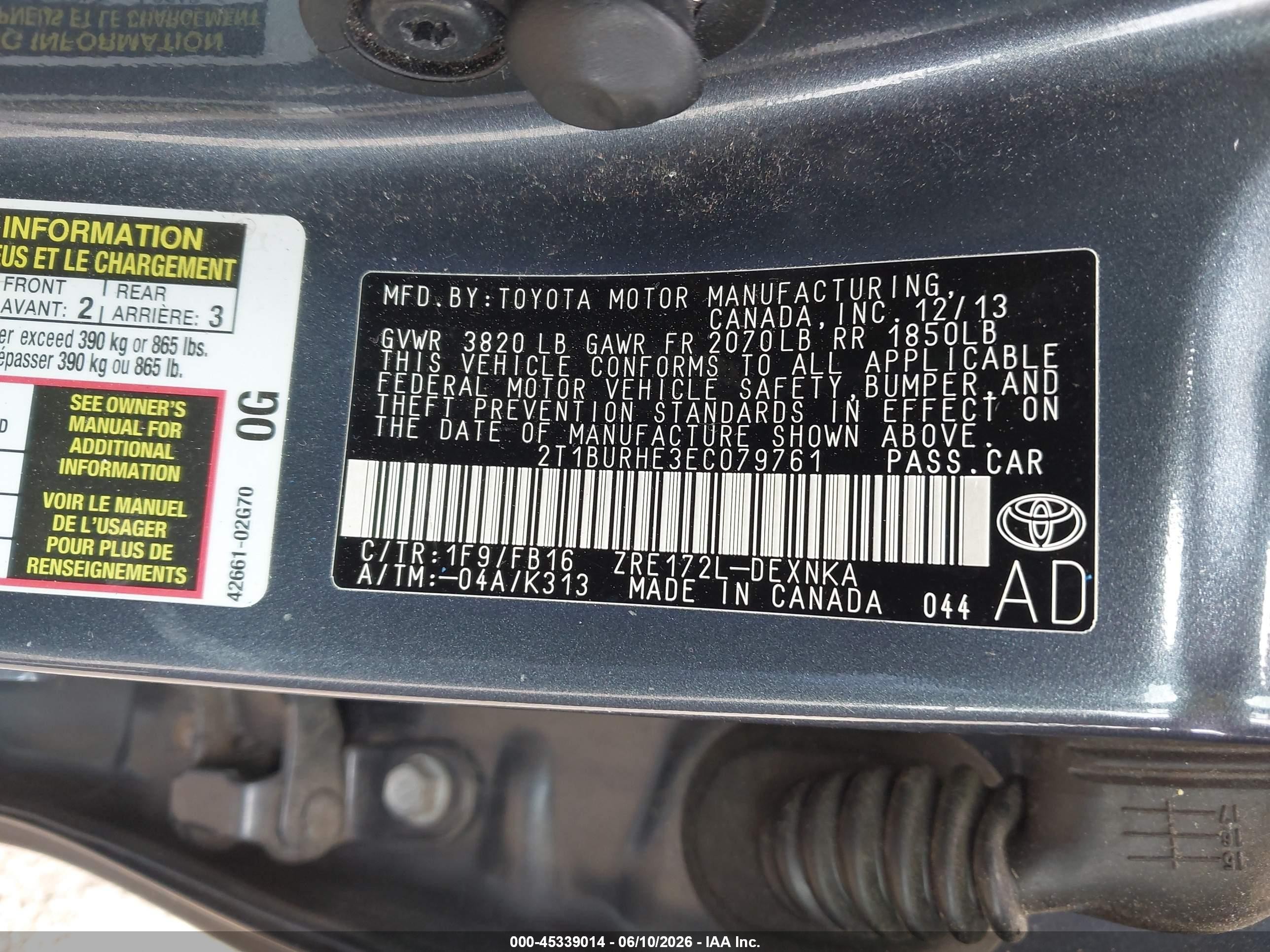 2014 Toyota Corolla Le Gray vin: 2T1BURHE3EC079761