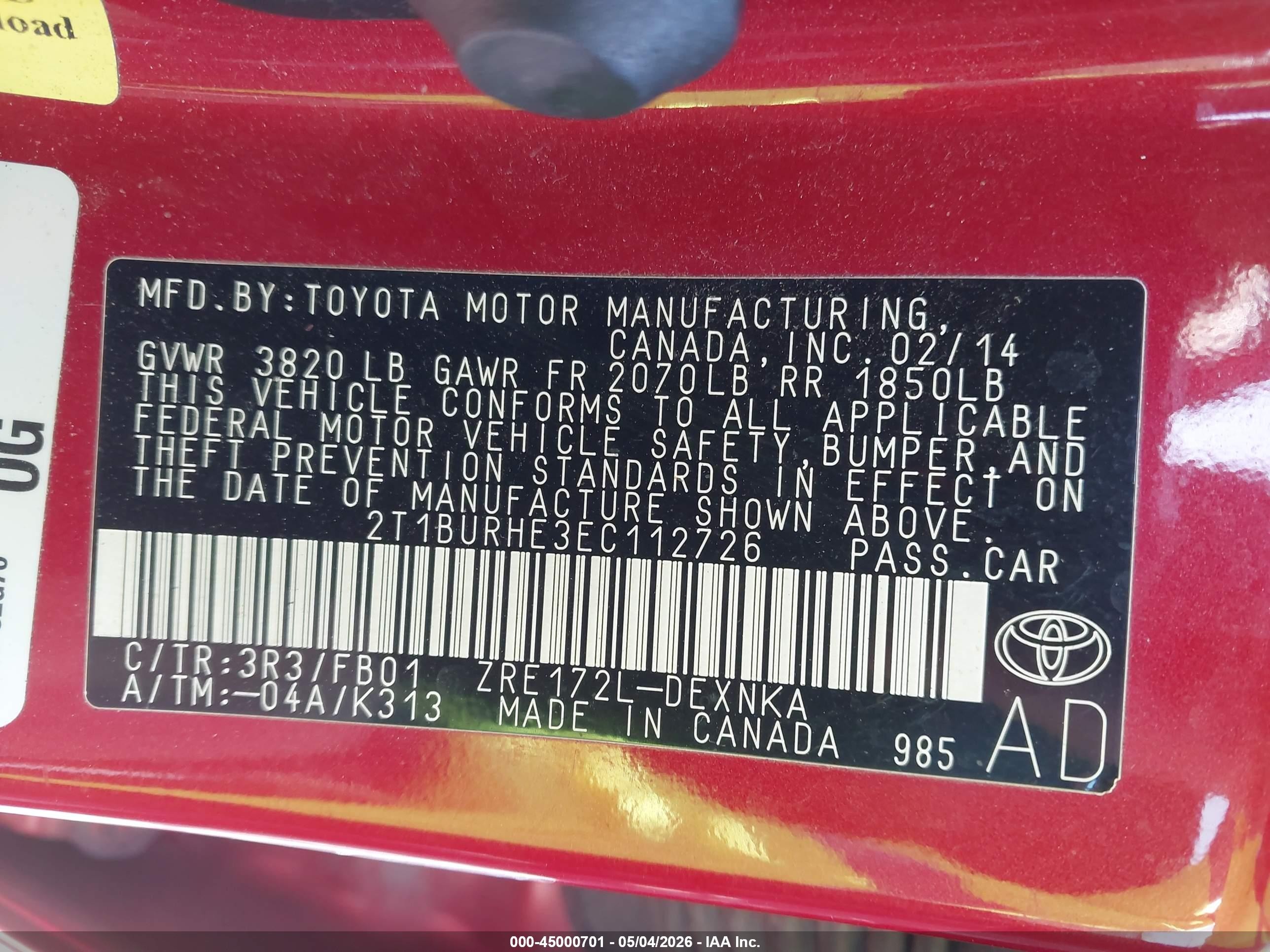 2014 Toyota Corolla Le Red vin: 2T1BURHE3EC112726
