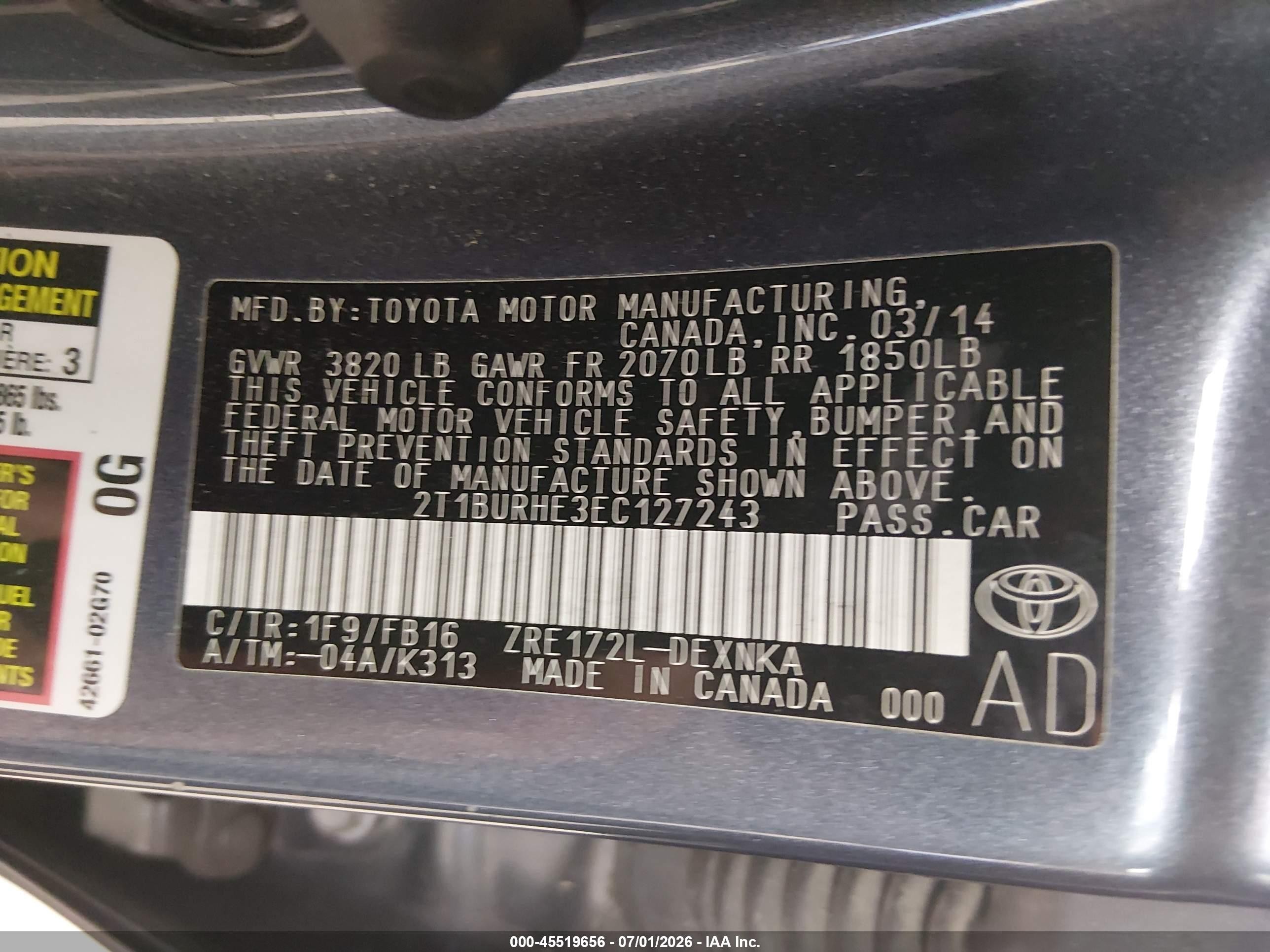 2014 Toyota Corolla Le Gray vin: 2T1BURHE3EC127243