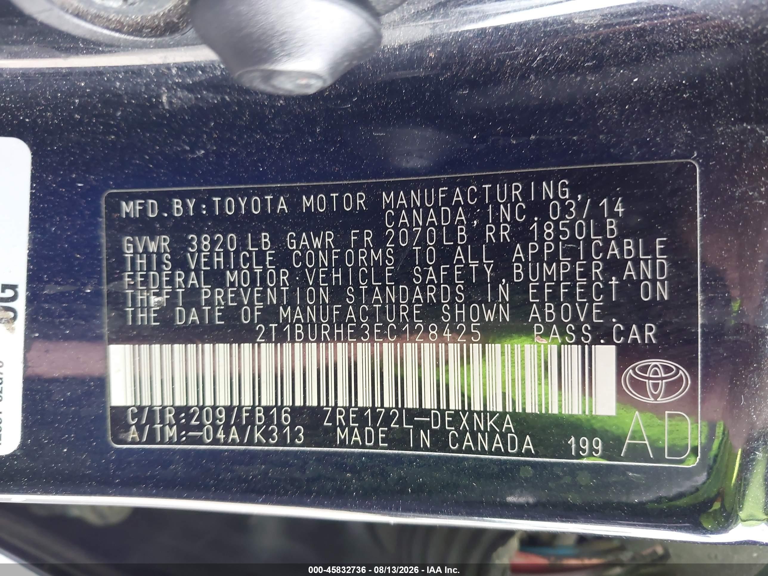 2014 Toyota Corolla Le Black vin: 2T1BURHE3EC128425