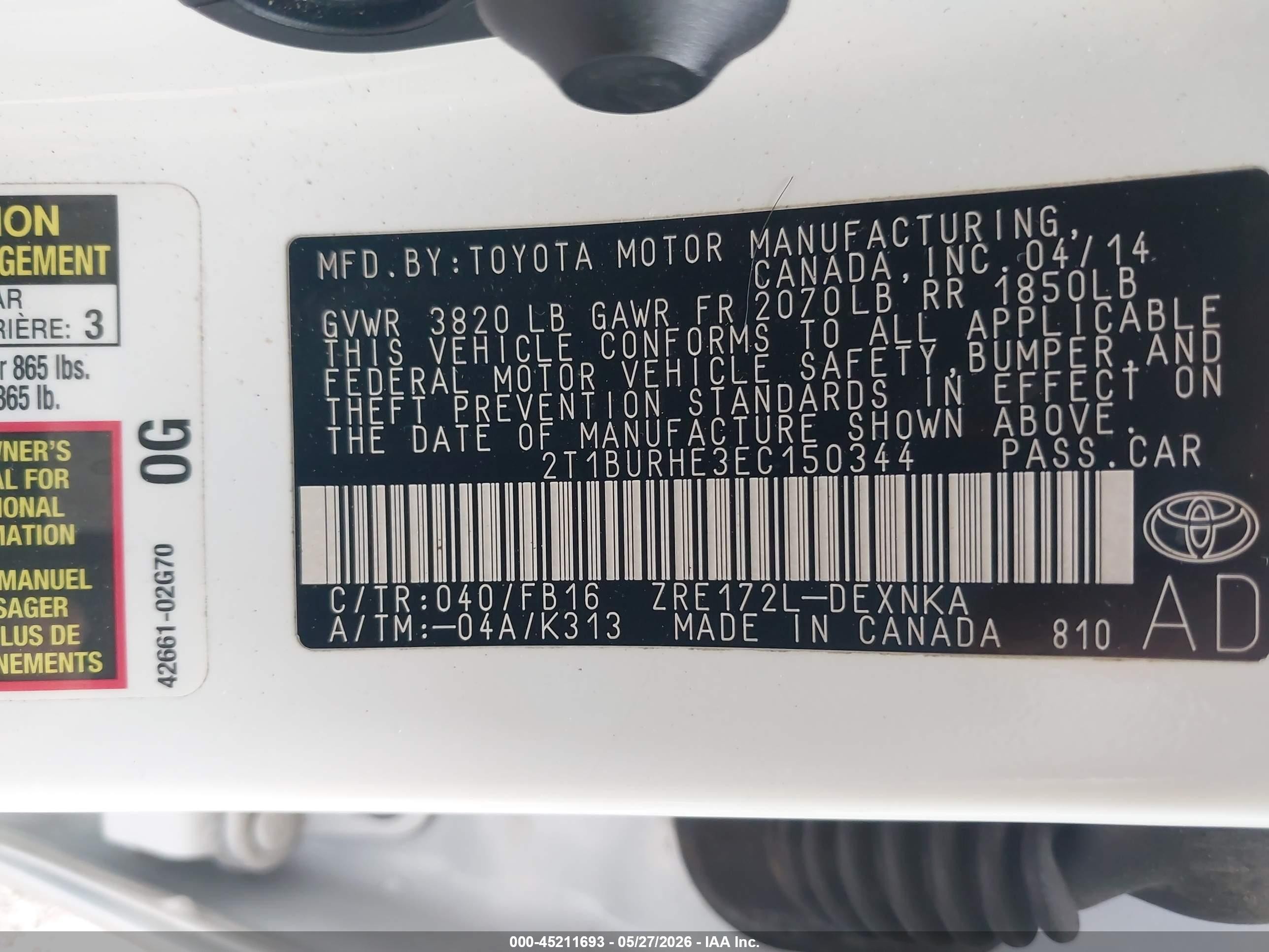 2014 Toyota Corolla Le Plus White vin: 2T1BURHE3EC150344