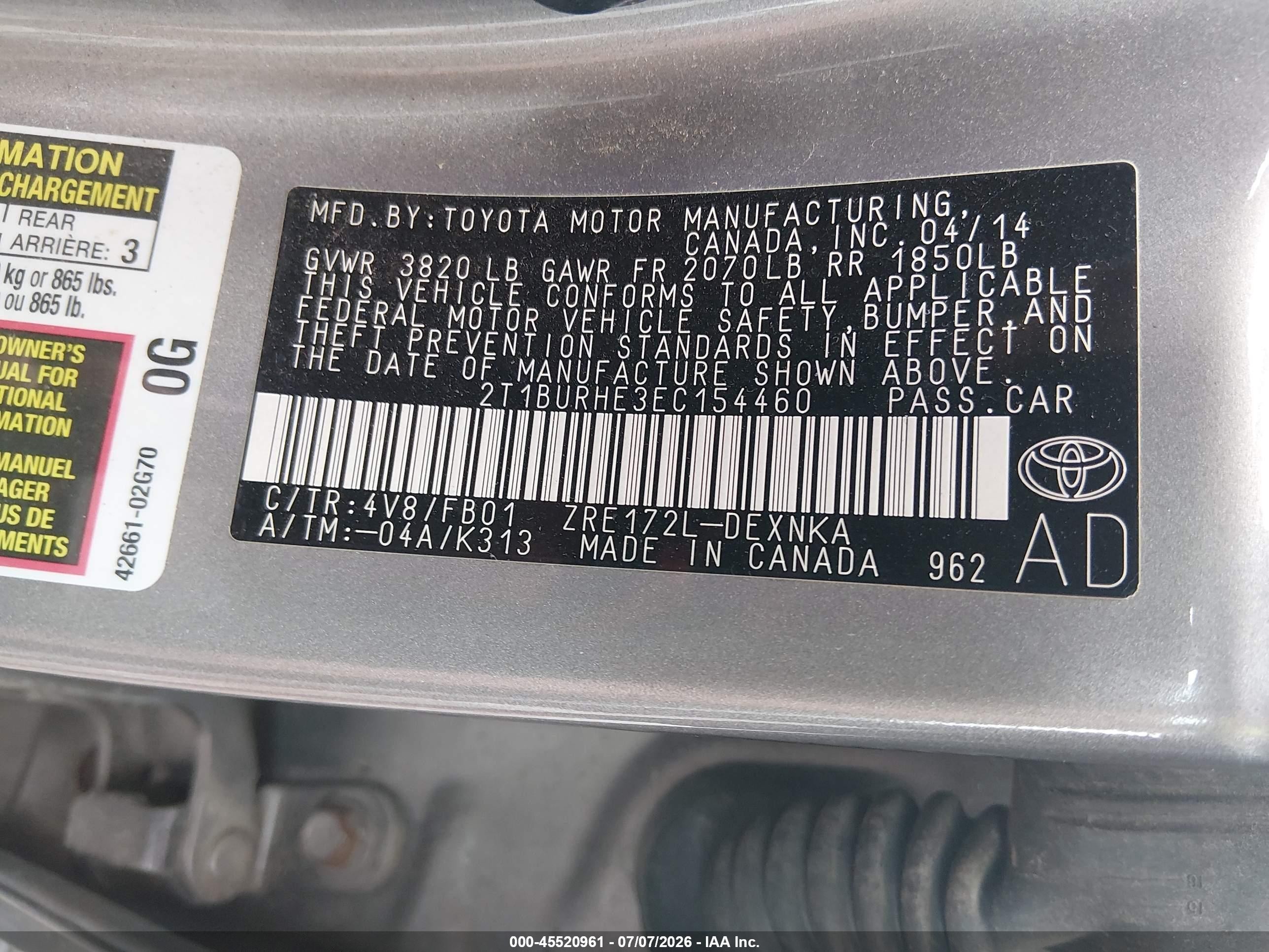 2014 Toyota Corolla Le Plus Gray vin: 2T1BURHE3EC154460