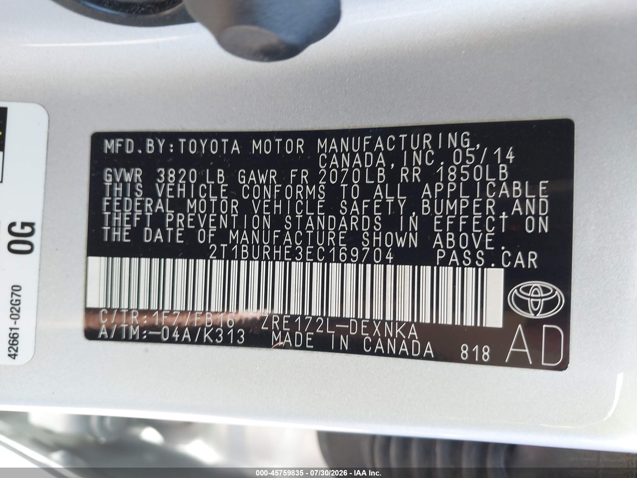 2014 Toyota Corolla Le Silver vin: 2T1BURHE3EC169704