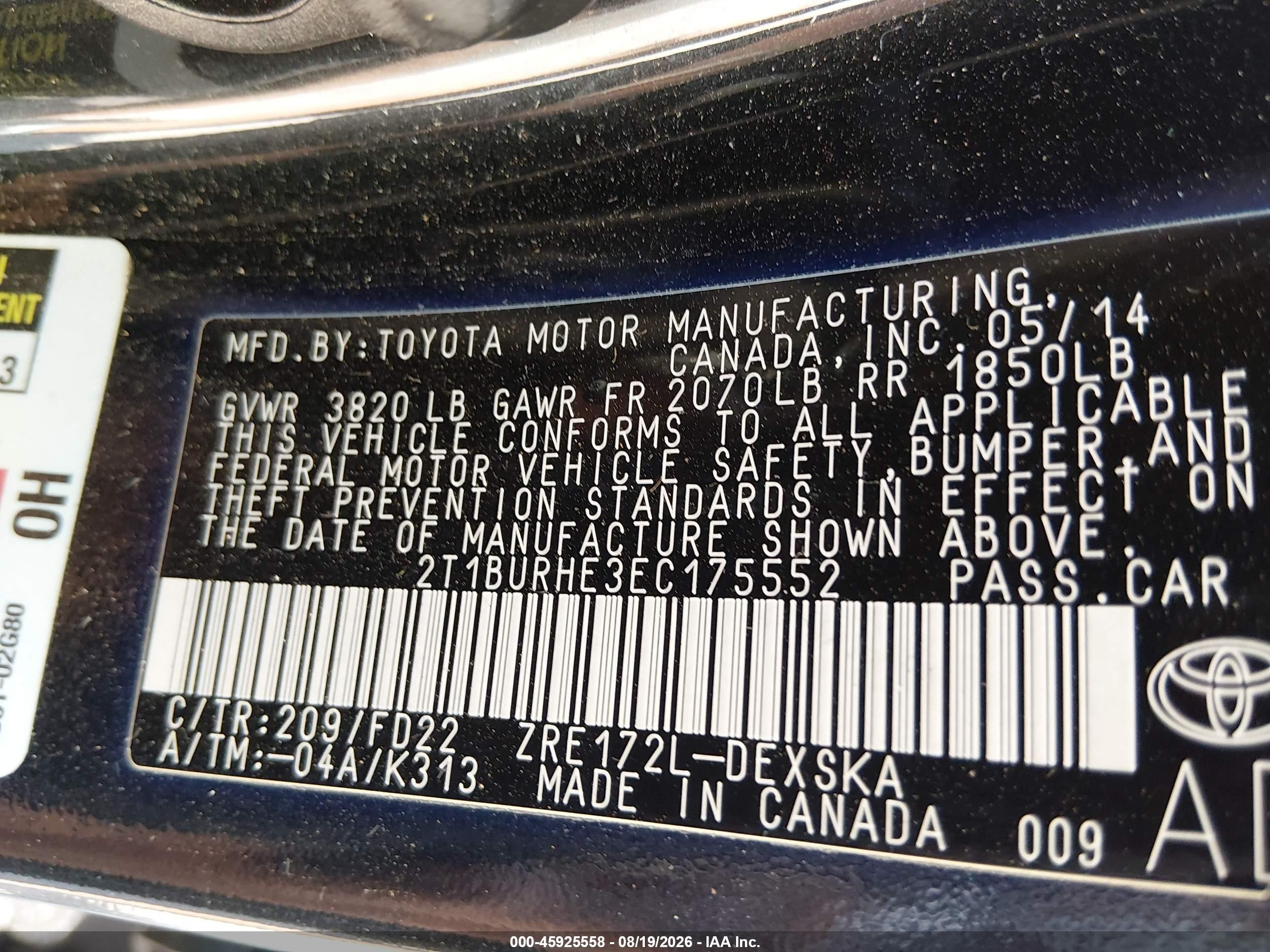 2014 Toyota Corolla S Plus Black vin: 2T1BURHE3EC175552