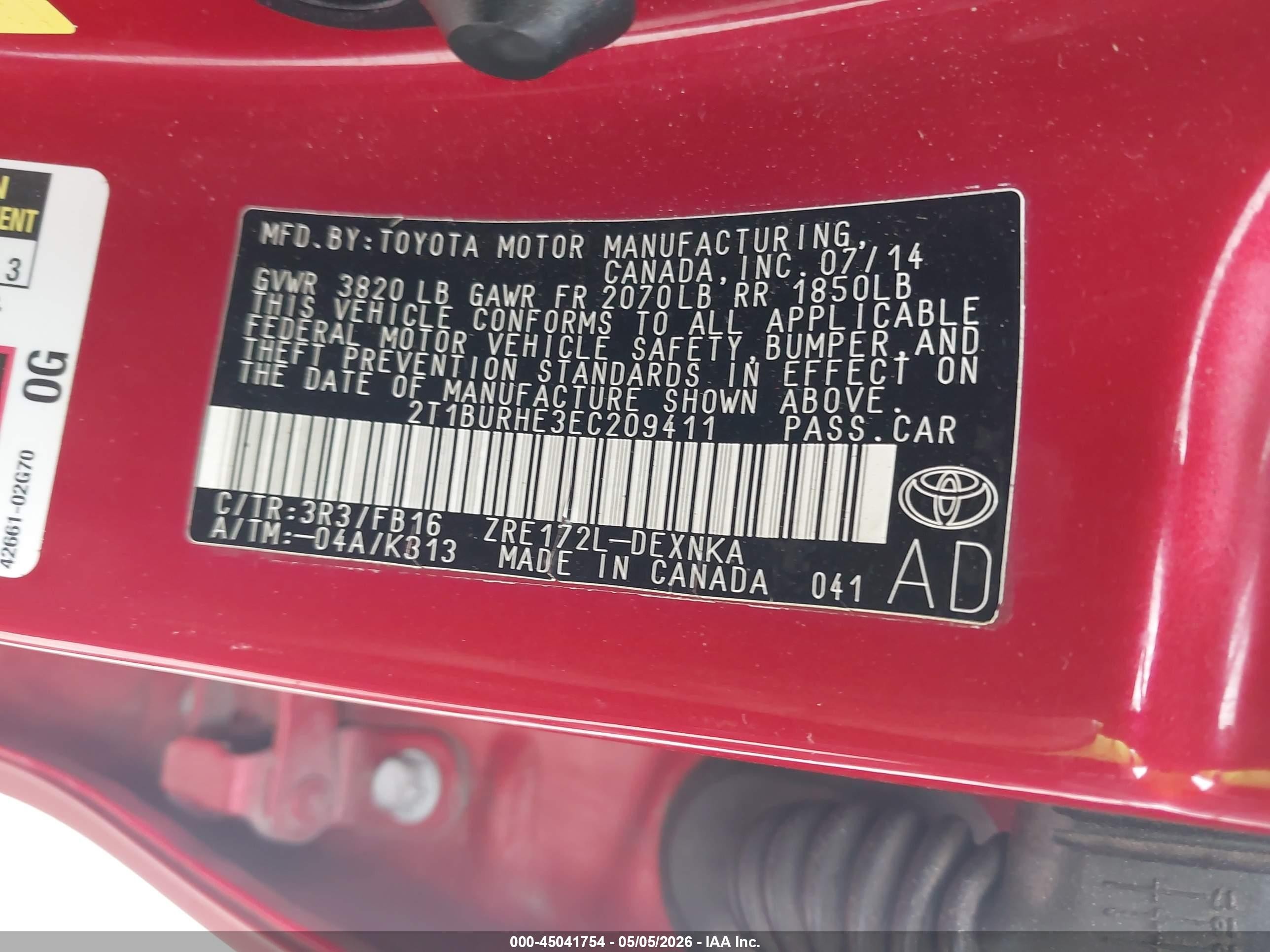 2014 Toyota Corolla Le Red vin: 2T1BURHE3EC209411