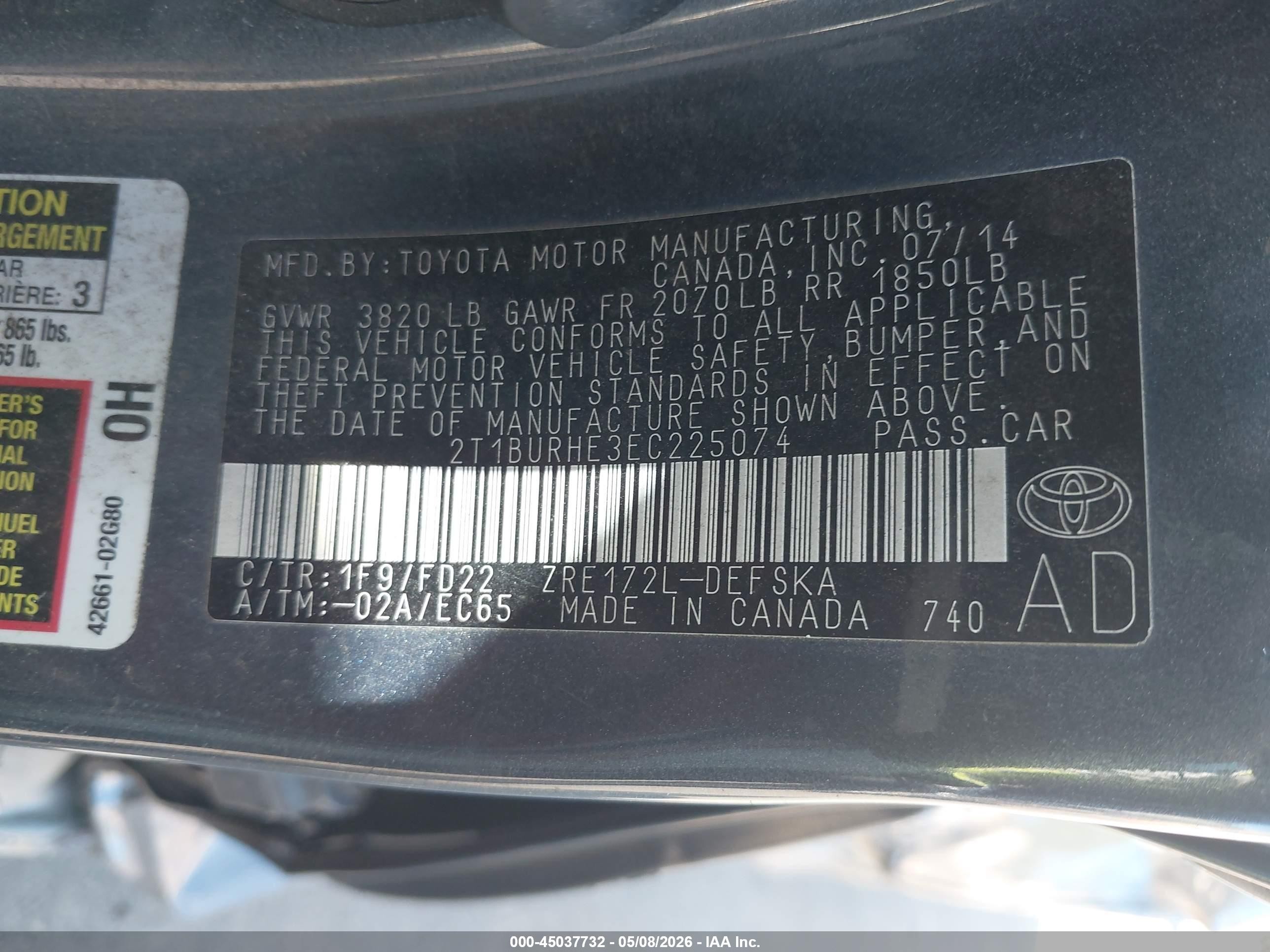 2014 Toyota Corolla S Plus Blue vin: 2T1BURHE3EC225074