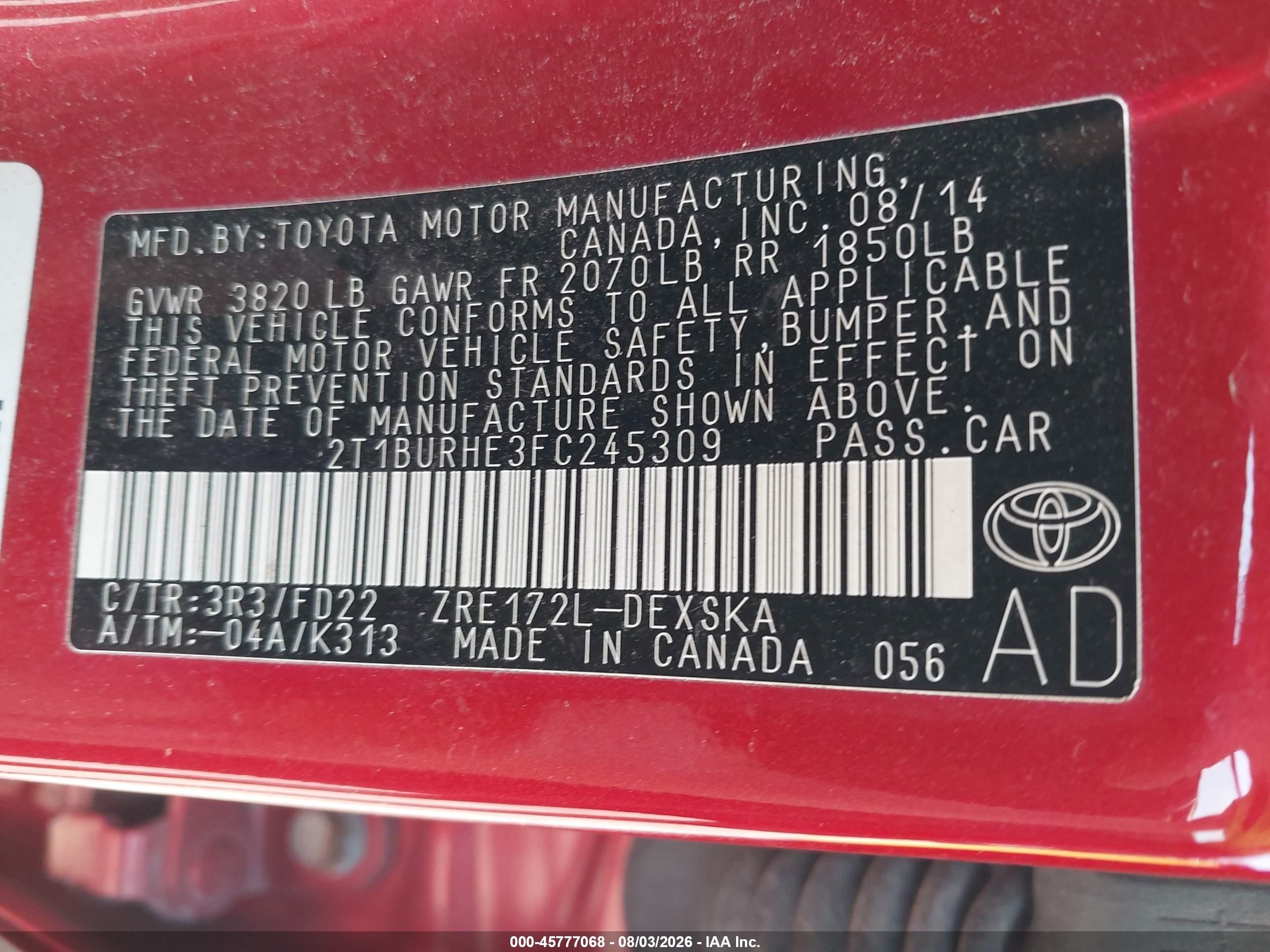 2015 Toyota Corolla S Plus Red vin: 2T1BURHE3FC245309