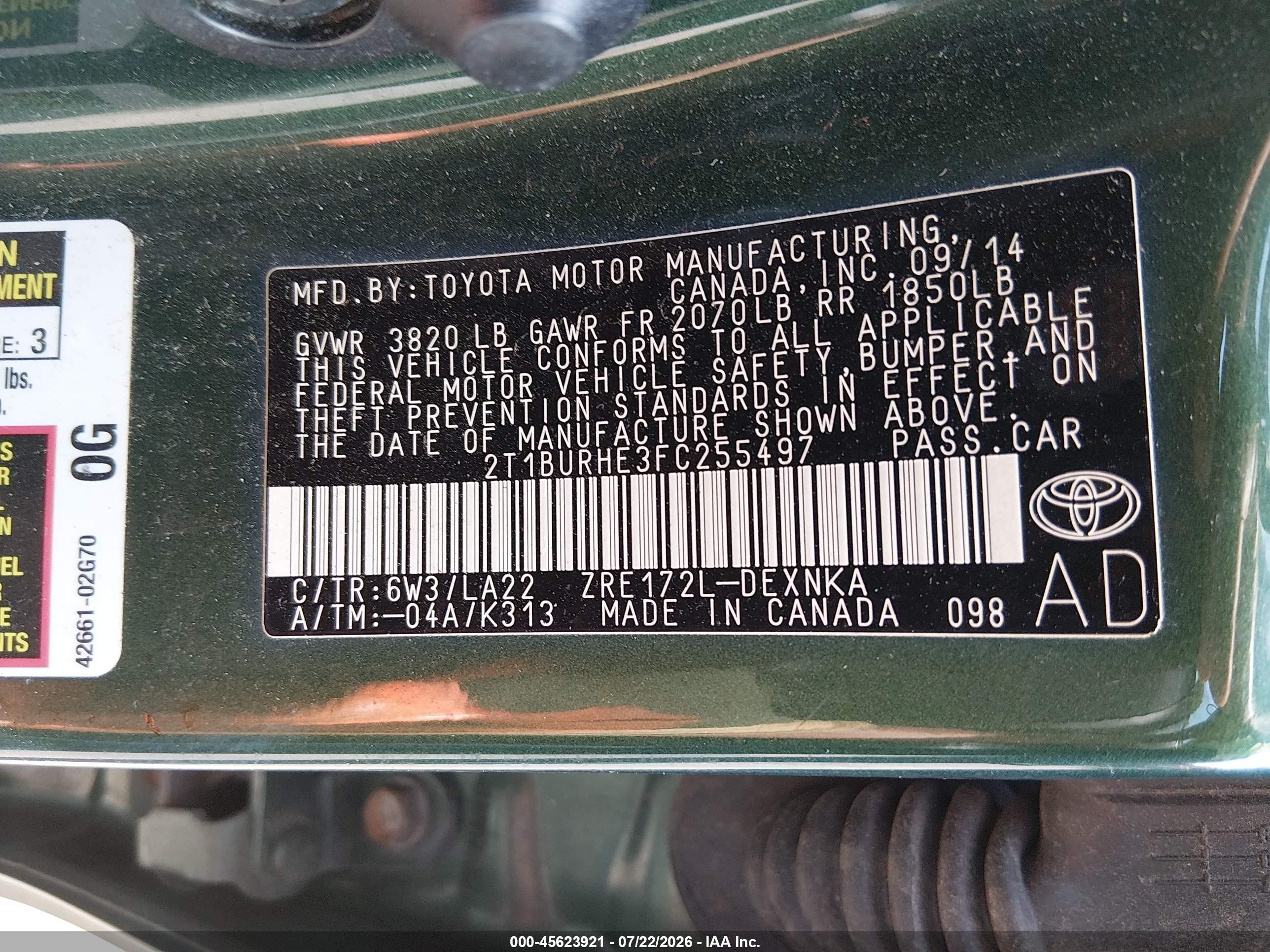2015 Toyota Corolla Le Premium Green vin: 2T1BURHE3FC255497