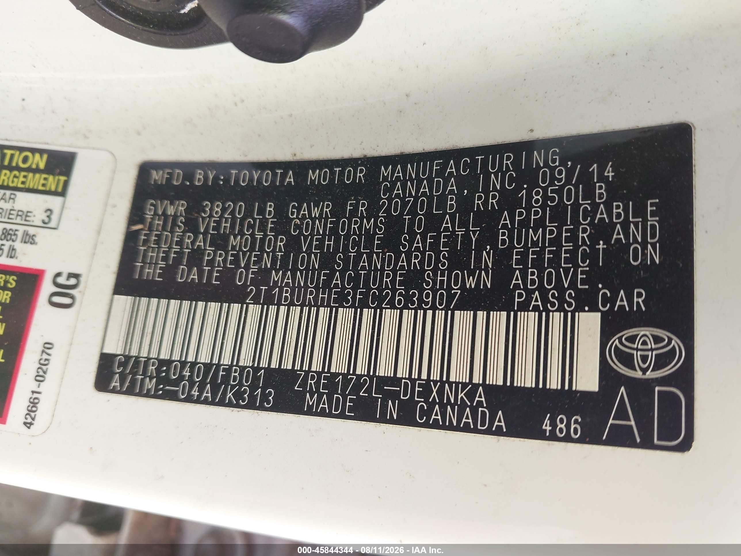 2015 Toyota Corolla Le Белый vin: 2T1BURHE3FC263907