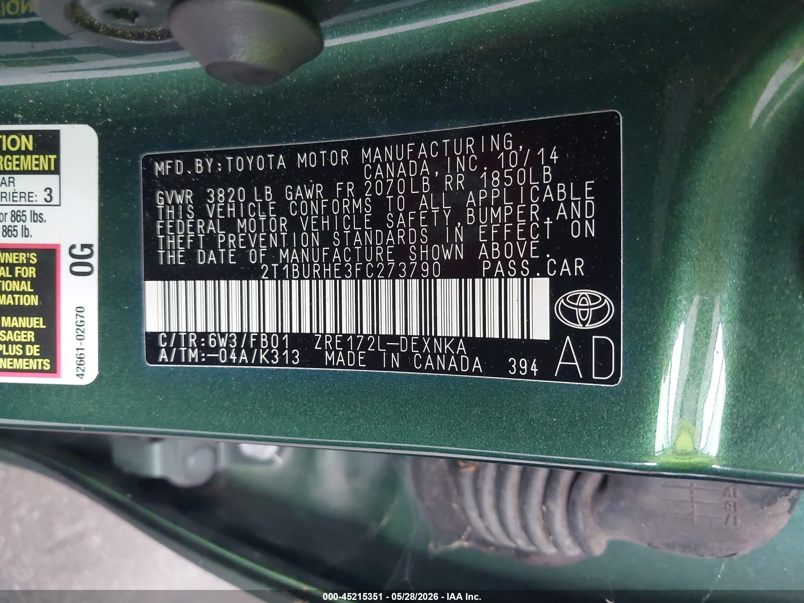 2015 Toyota Corolla Le Green vin: 2T1BURHE3FC273790