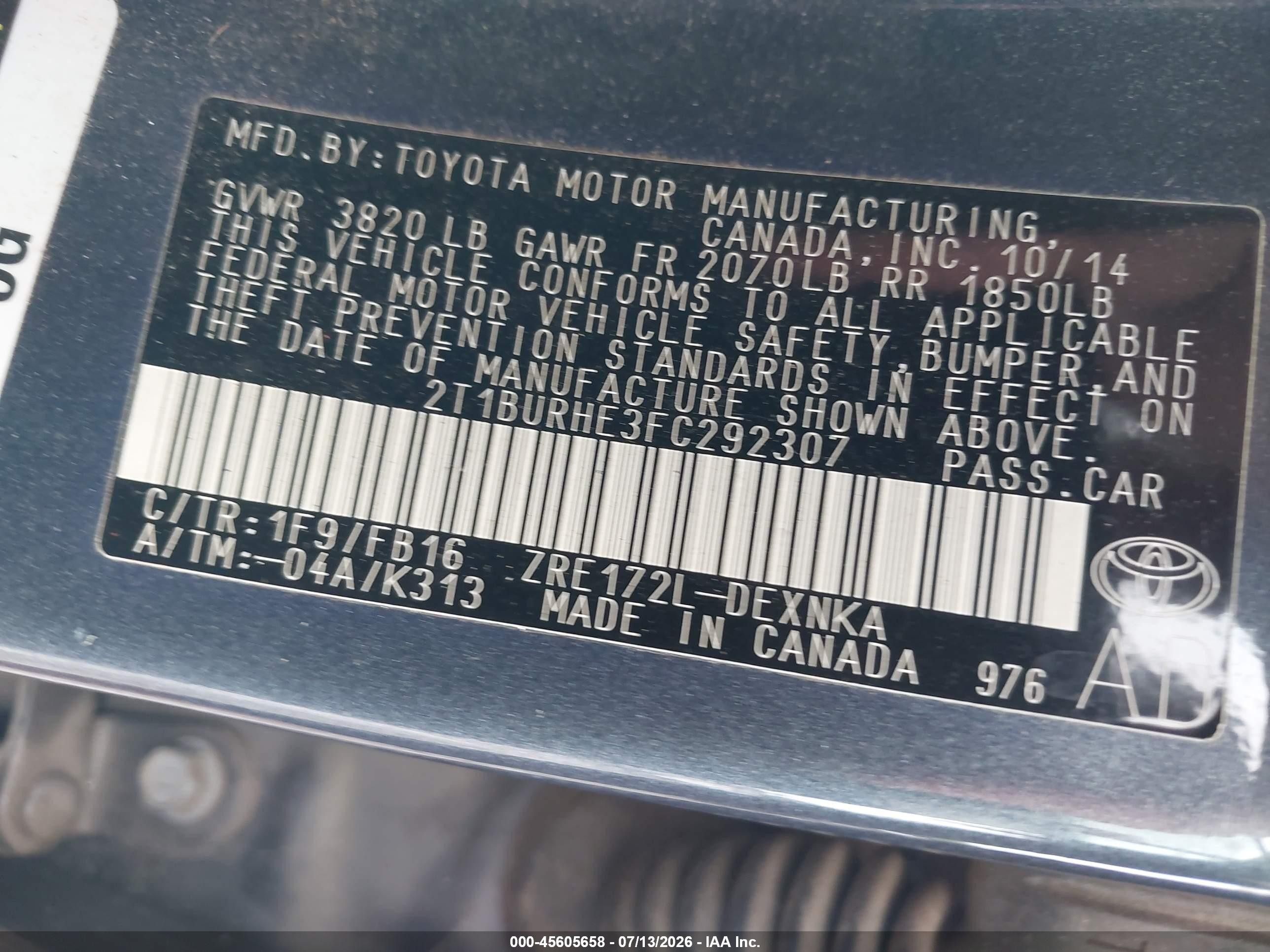 2015 Toyota Corolla Le Blue vin: 2T1BURHE3FC292307