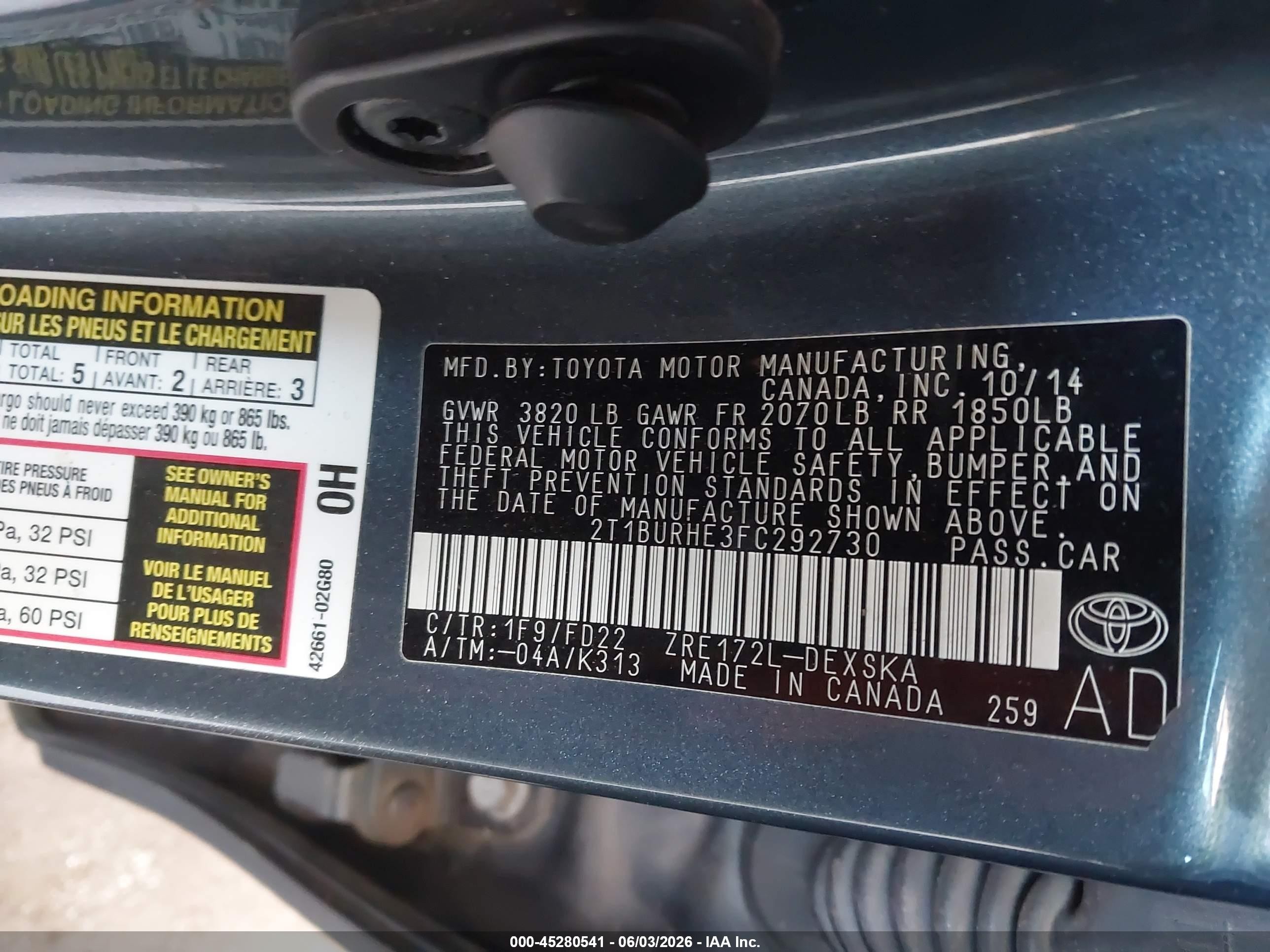2015 Toyota Corolla S Plus Gray vin: 2T1BURHE3FC292730