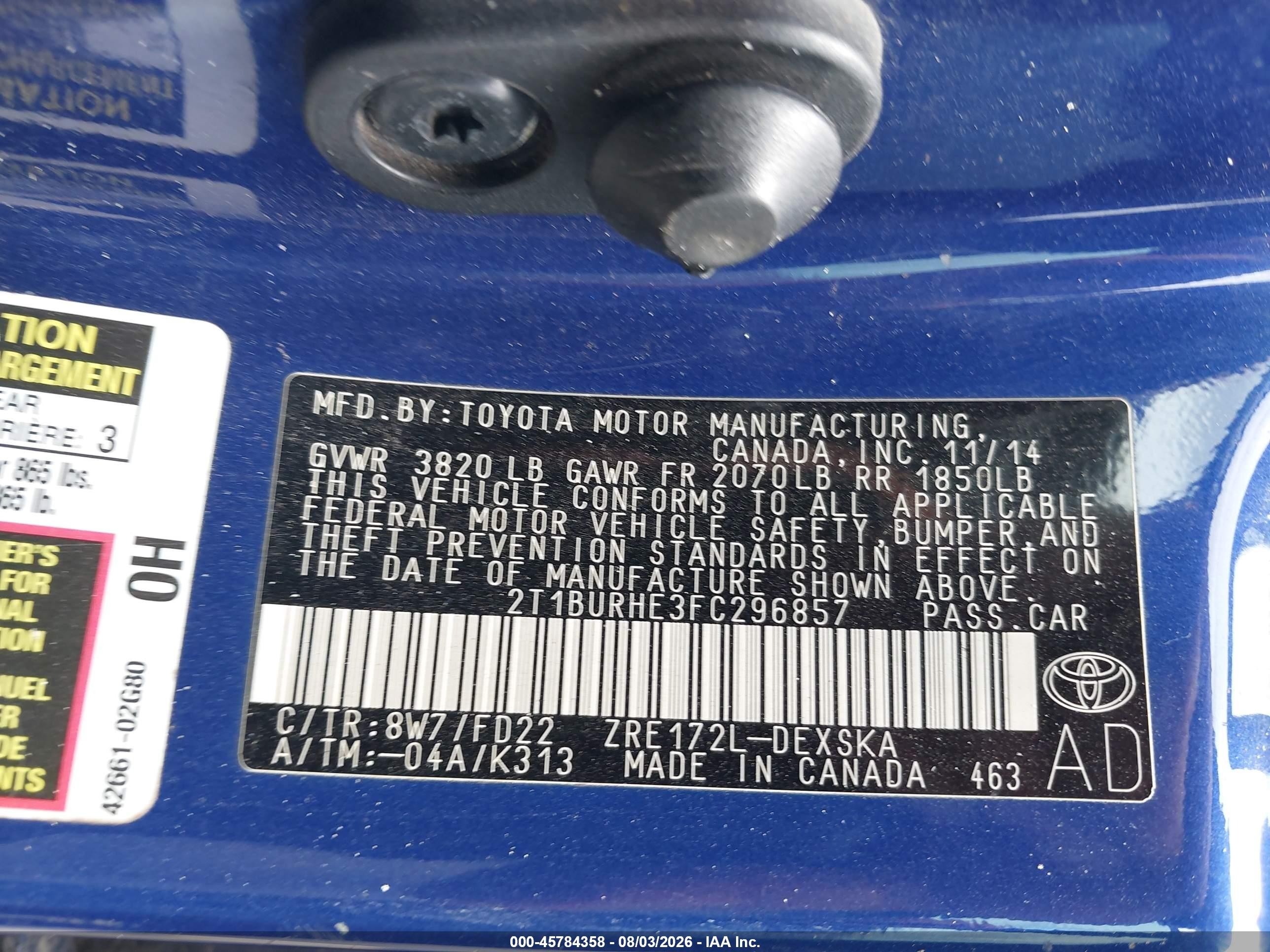 2015 Toyota Corolla S Plus Синий vin: 2T1BURHE3FC296857