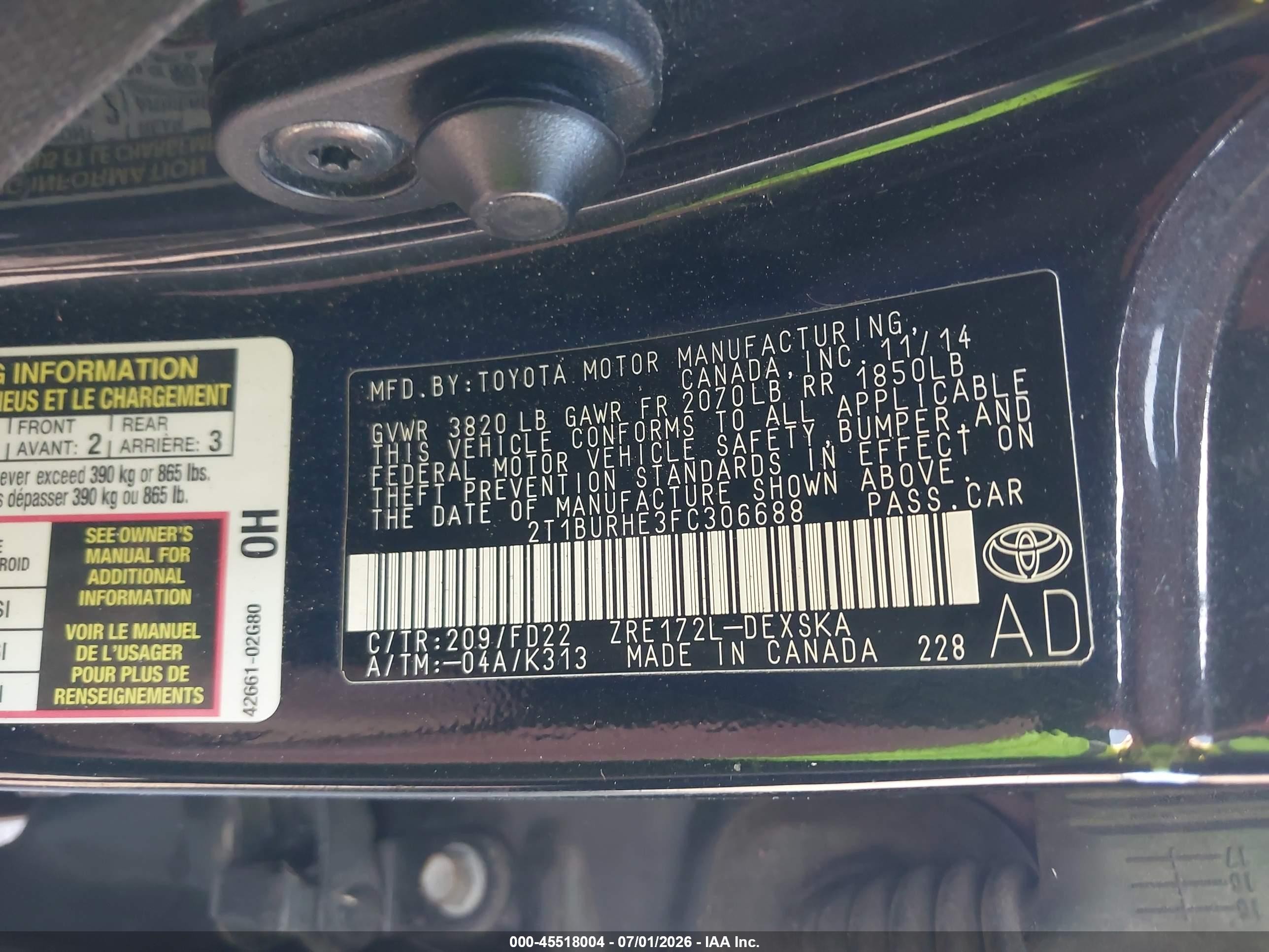 2015 Toyota Corolla S Plus Black vin: 2T1BURHE3FC306688