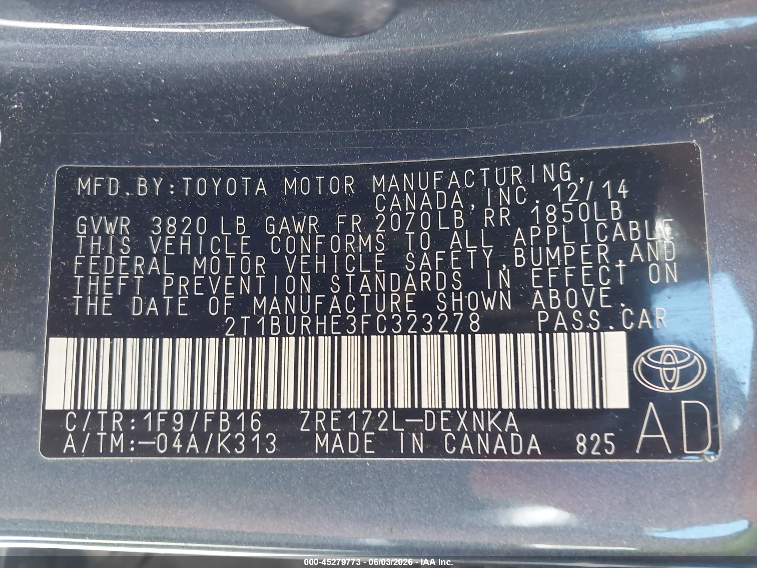 2015 Toyota Corolla Le Gray vin: 2T1BURHE3FC323278