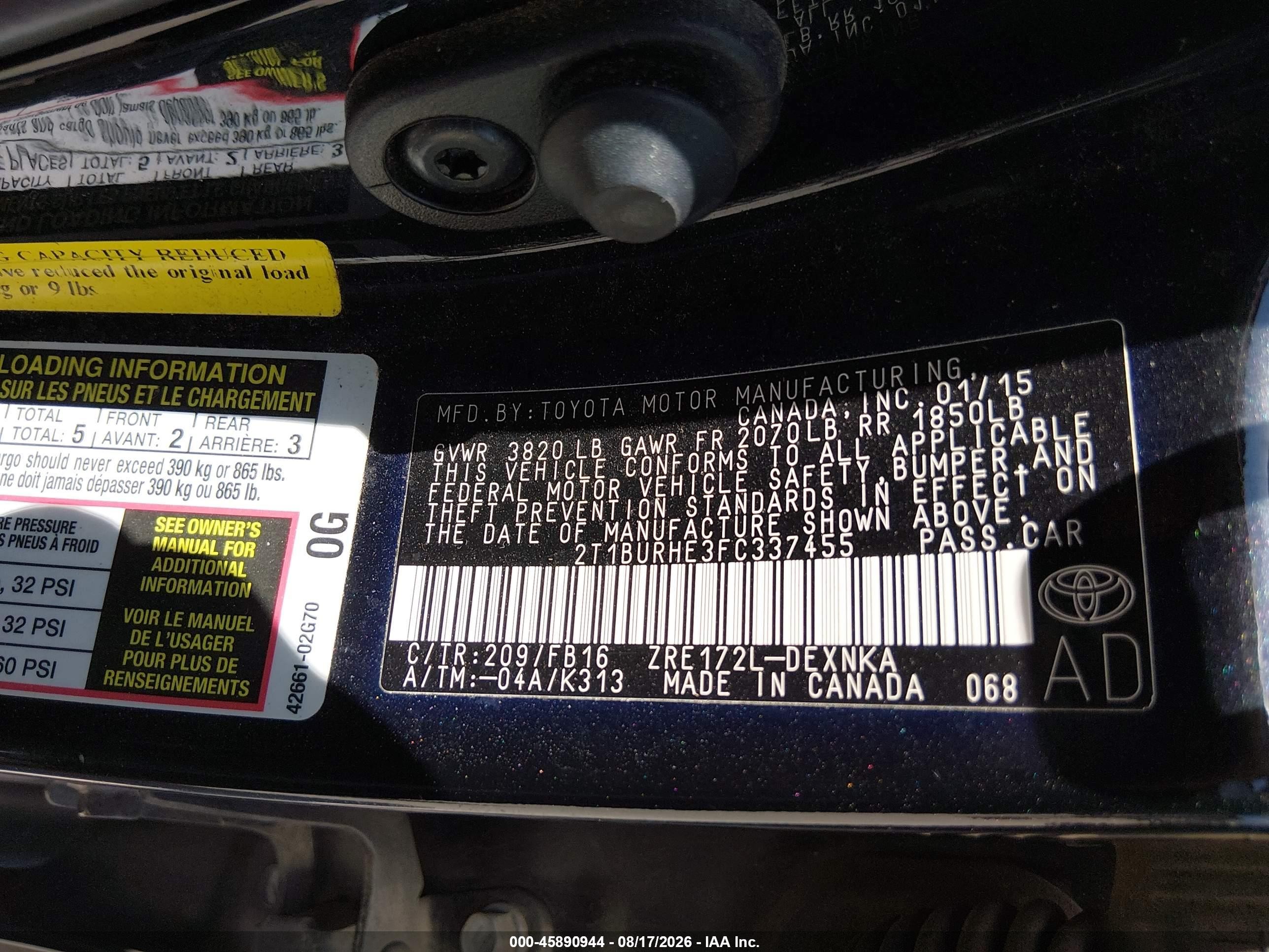 2015 Toyota Corolla Le Черный vin: 2T1BURHE3FC337455