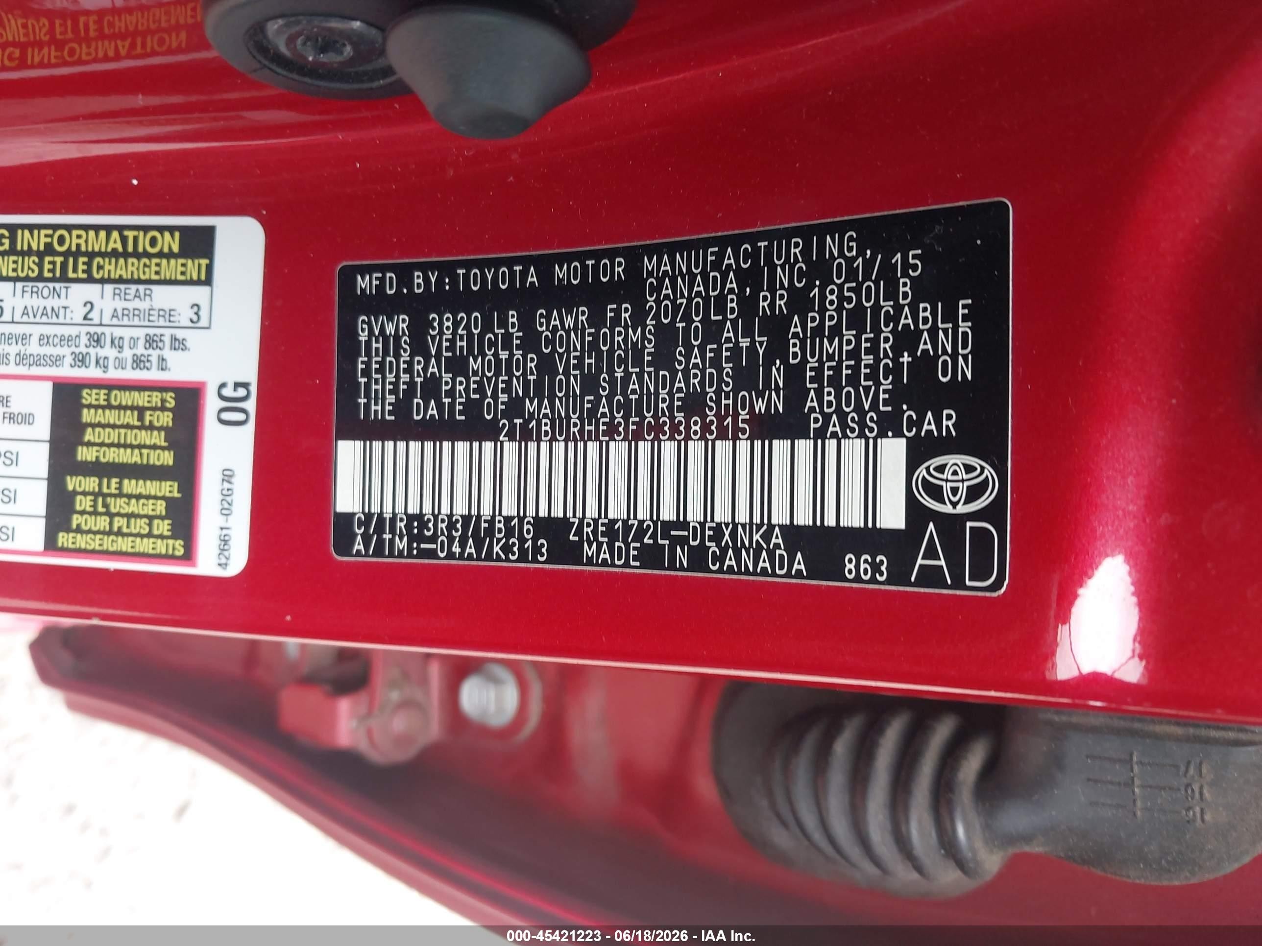 2015 Toyota Corolla Le Red vin: 2T1BURHE3FC338315