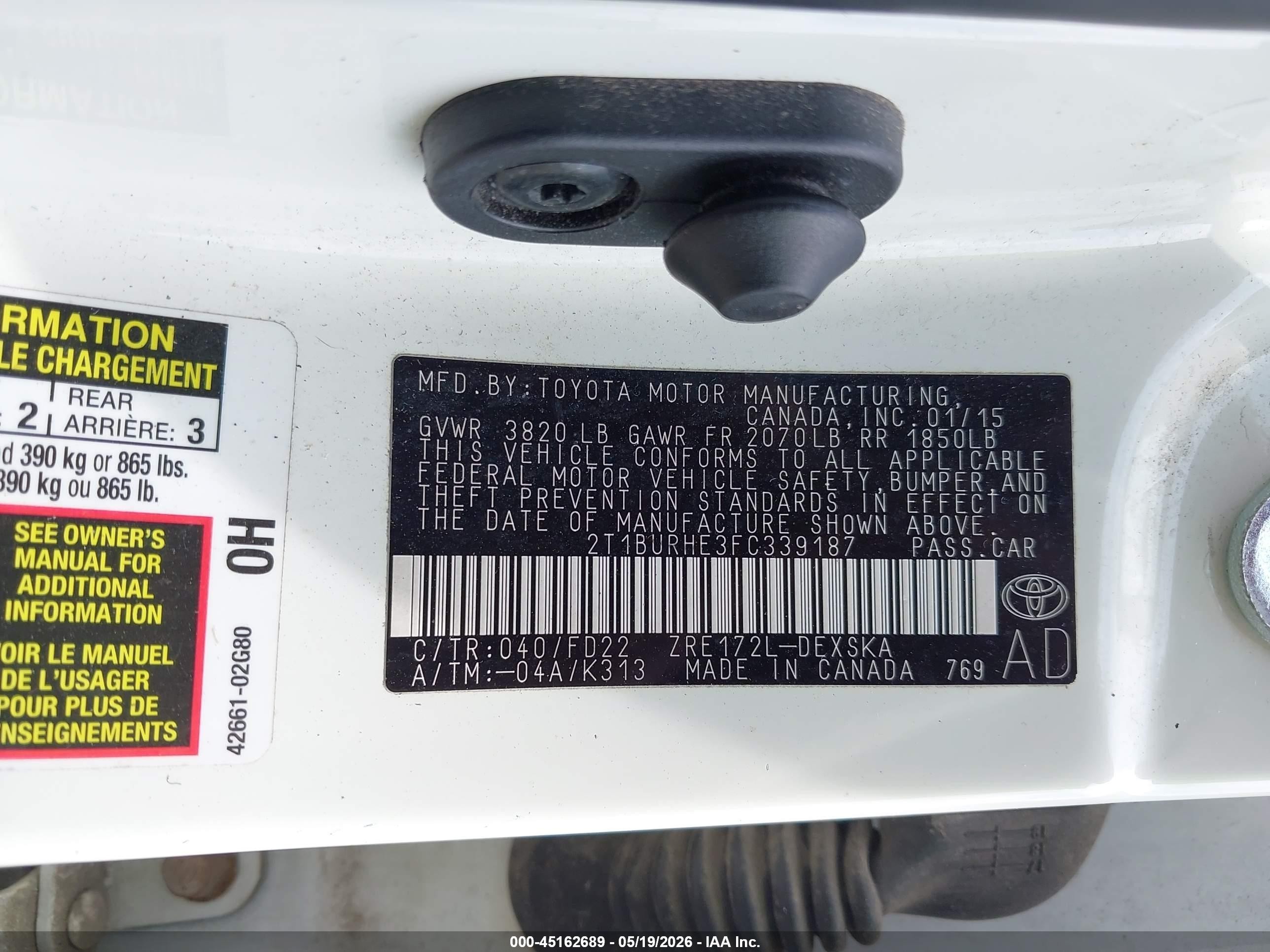 2015 Toyota Corolla S Plus White vin: 2T1BURHE3FC339187