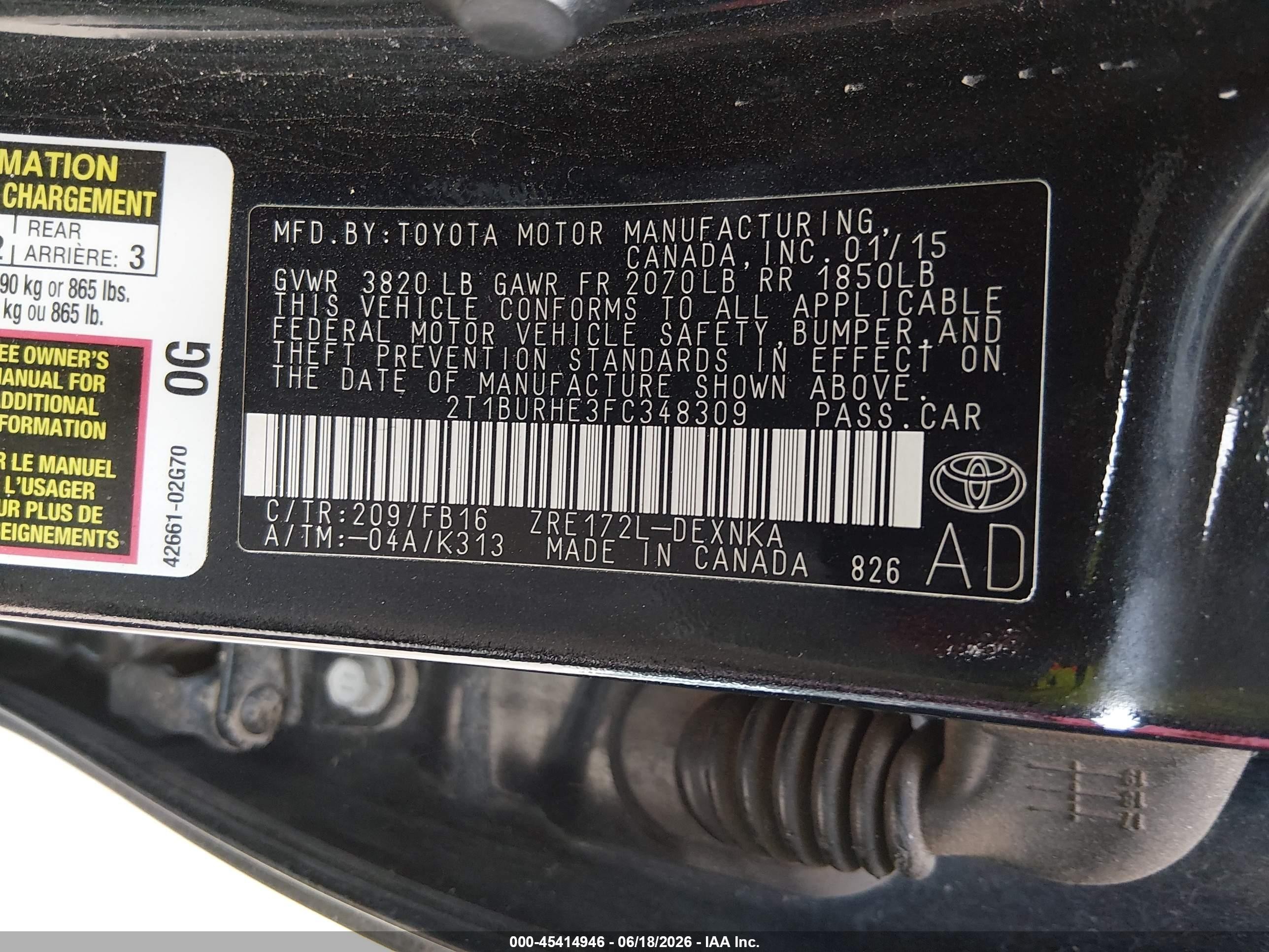 2015 Toyota Corolla Le Black vin: 2T1BURHE3FC348309