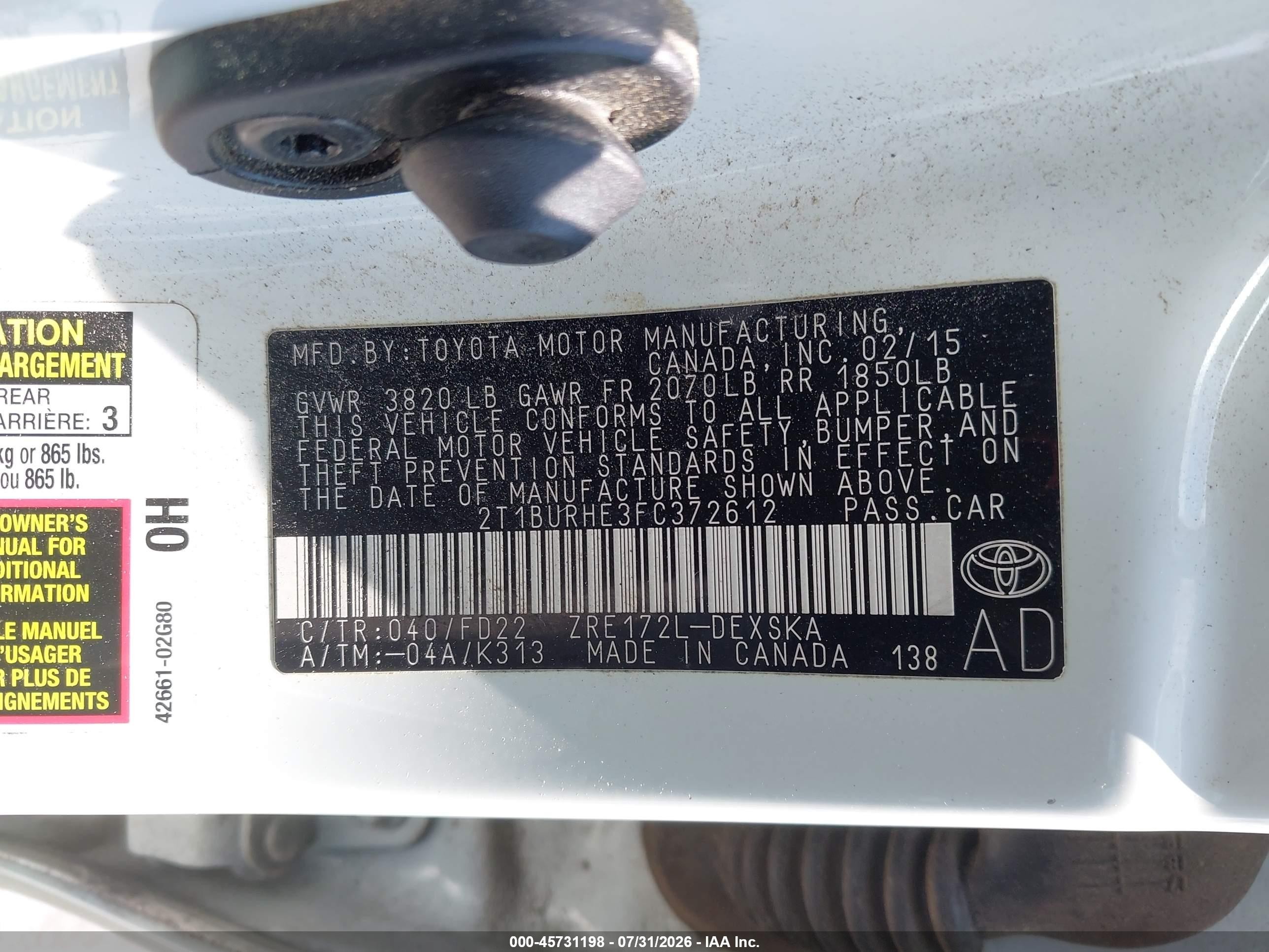 2015 Toyota Corolla S Plus White vin: 2T1BURHE3FC372612