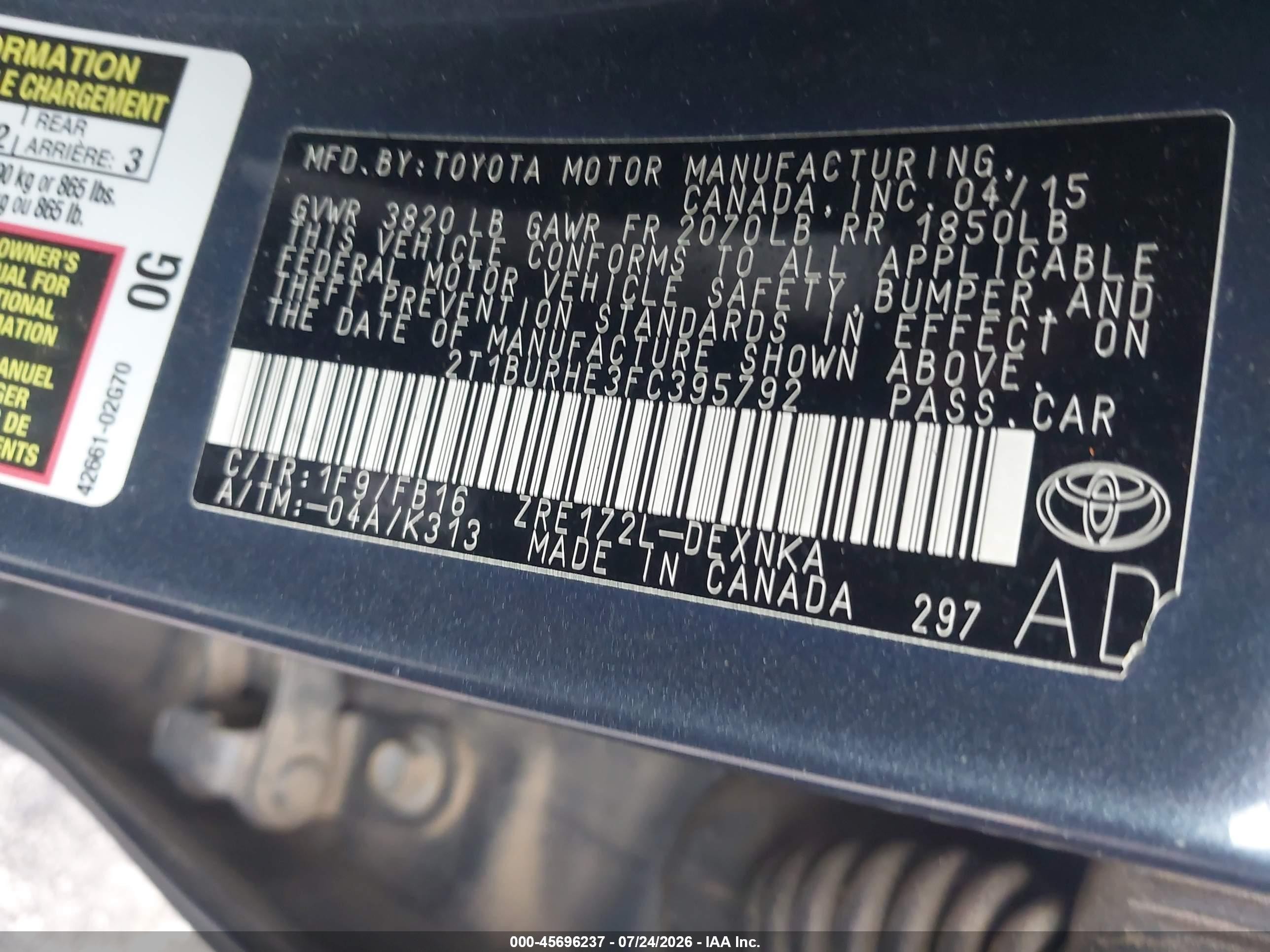 2015 Toyota Corolla Le Blue vin: 2T1BURHE3FC395792