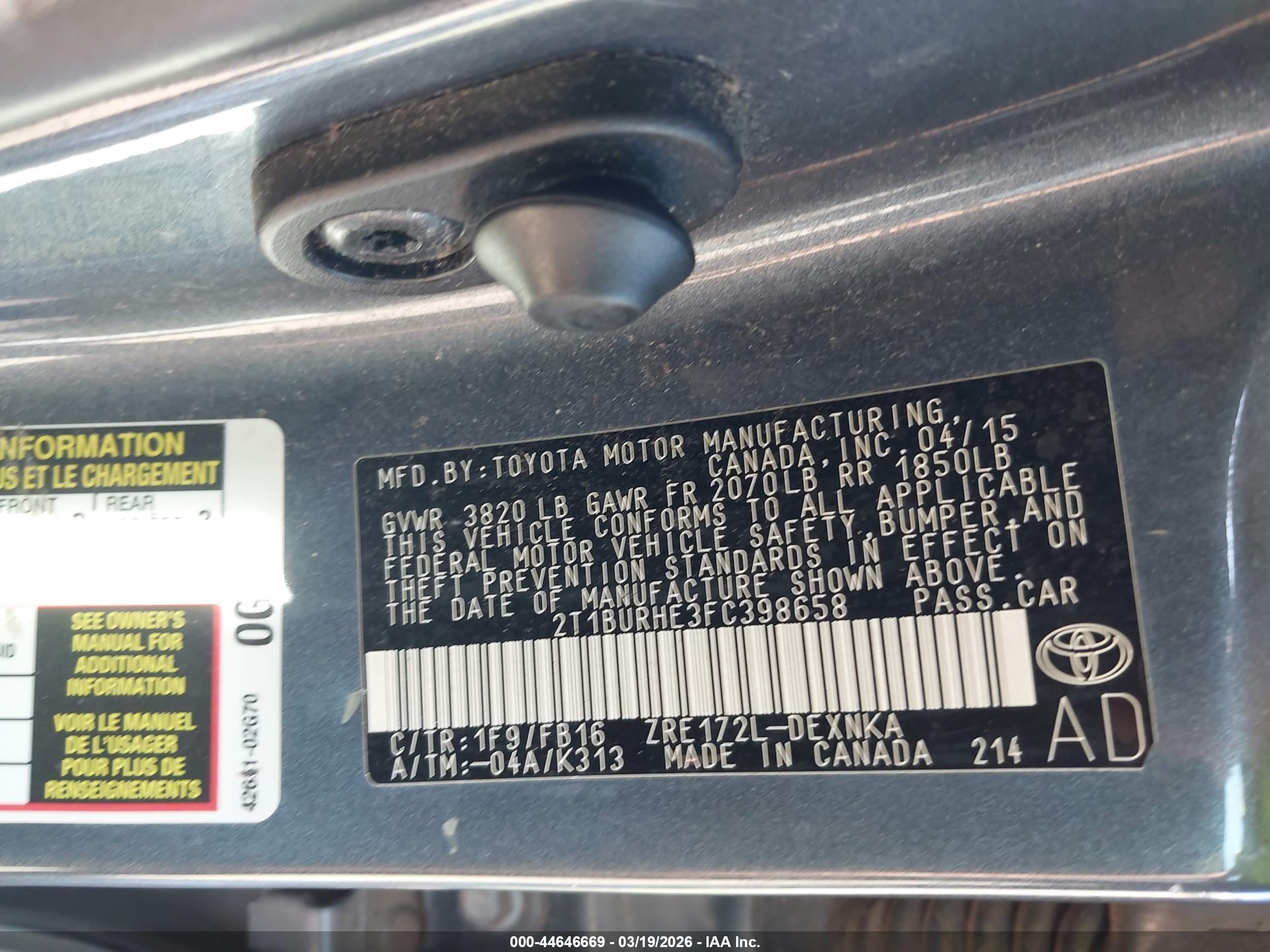 2015 Toyota Corolla Le Gray vin: 2T1BURHE3FC398658